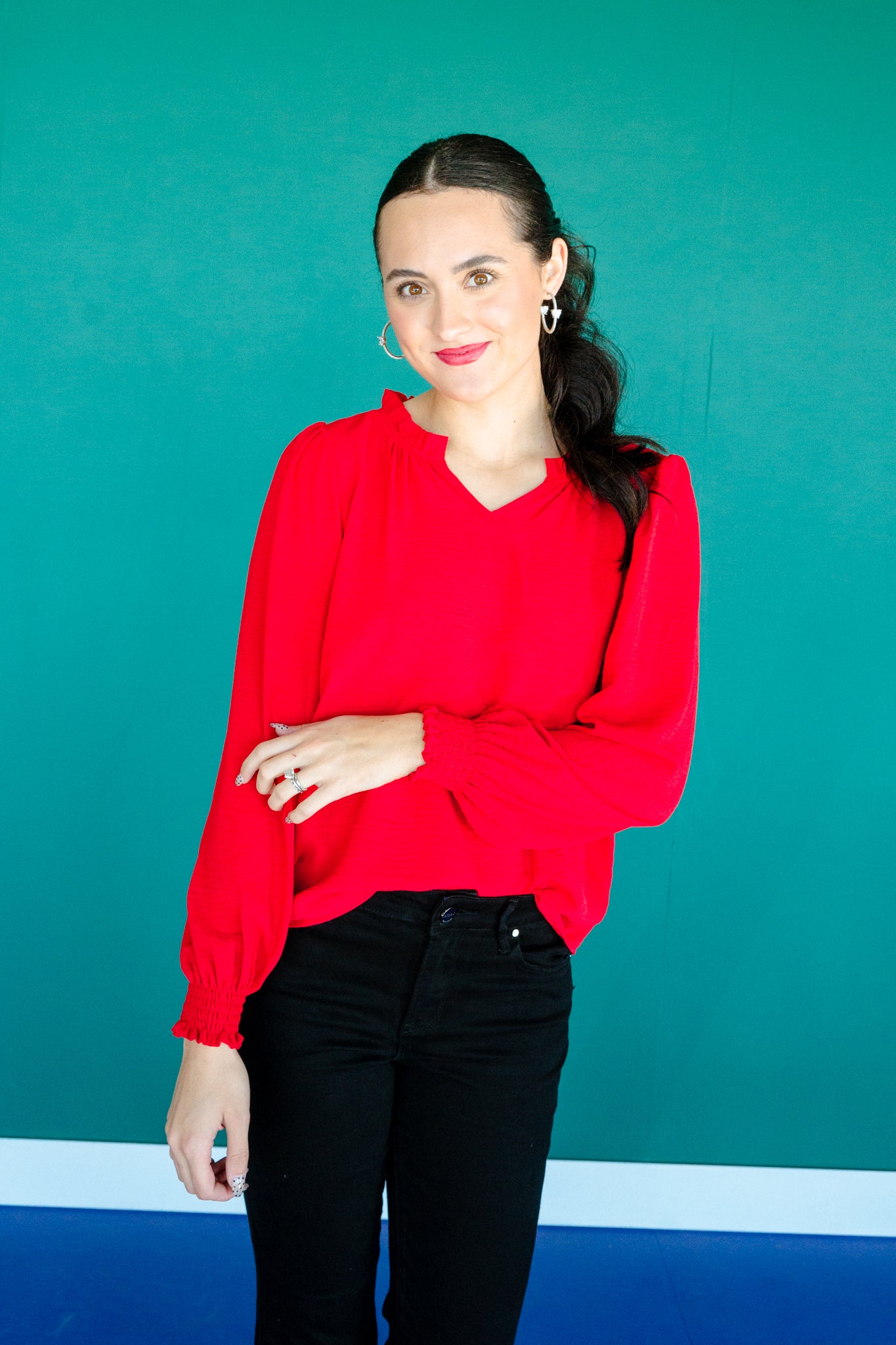 Lanie Textured Ruffle V-Neck Blouse - Cool Red
