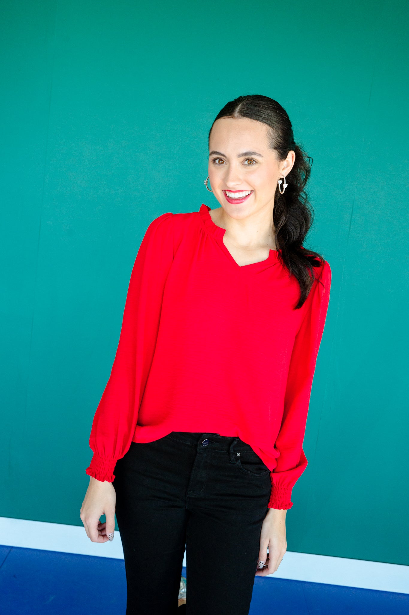 Lanie Textured Ruffle V-Neck Blouse - Cool Red