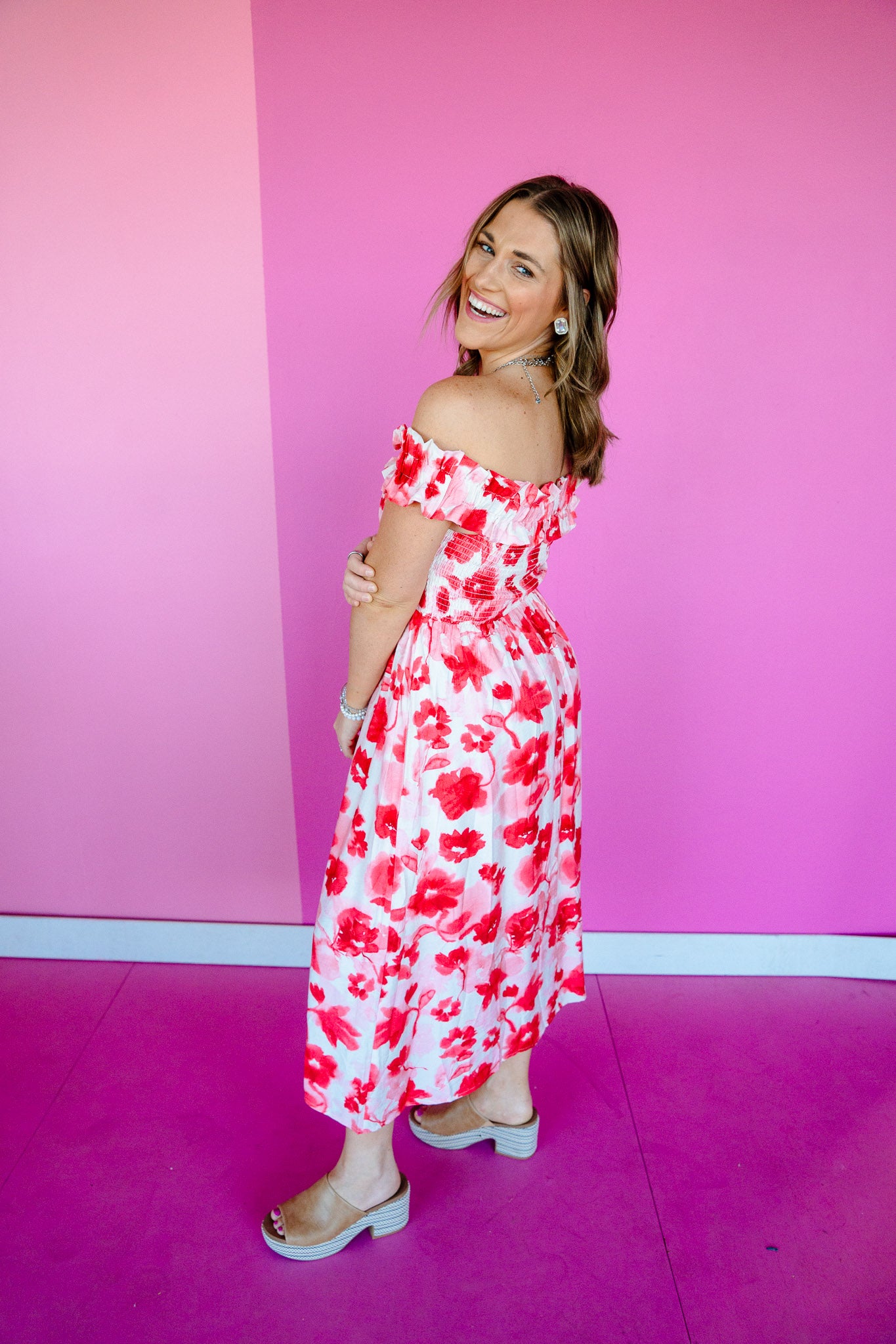 Allyson Off Shoulder Midi Dress - Coral Red + Clover + Soft White