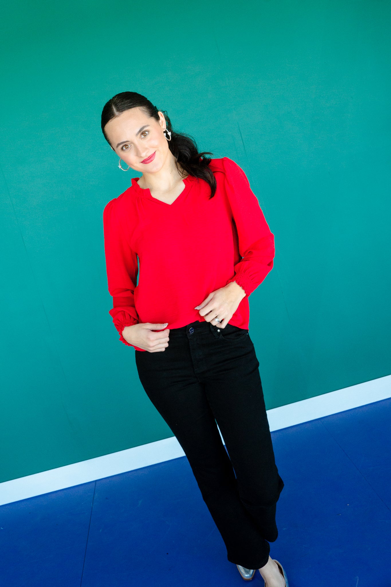 Lanie Textured Ruffle V-Neck Blouse - Cool Red