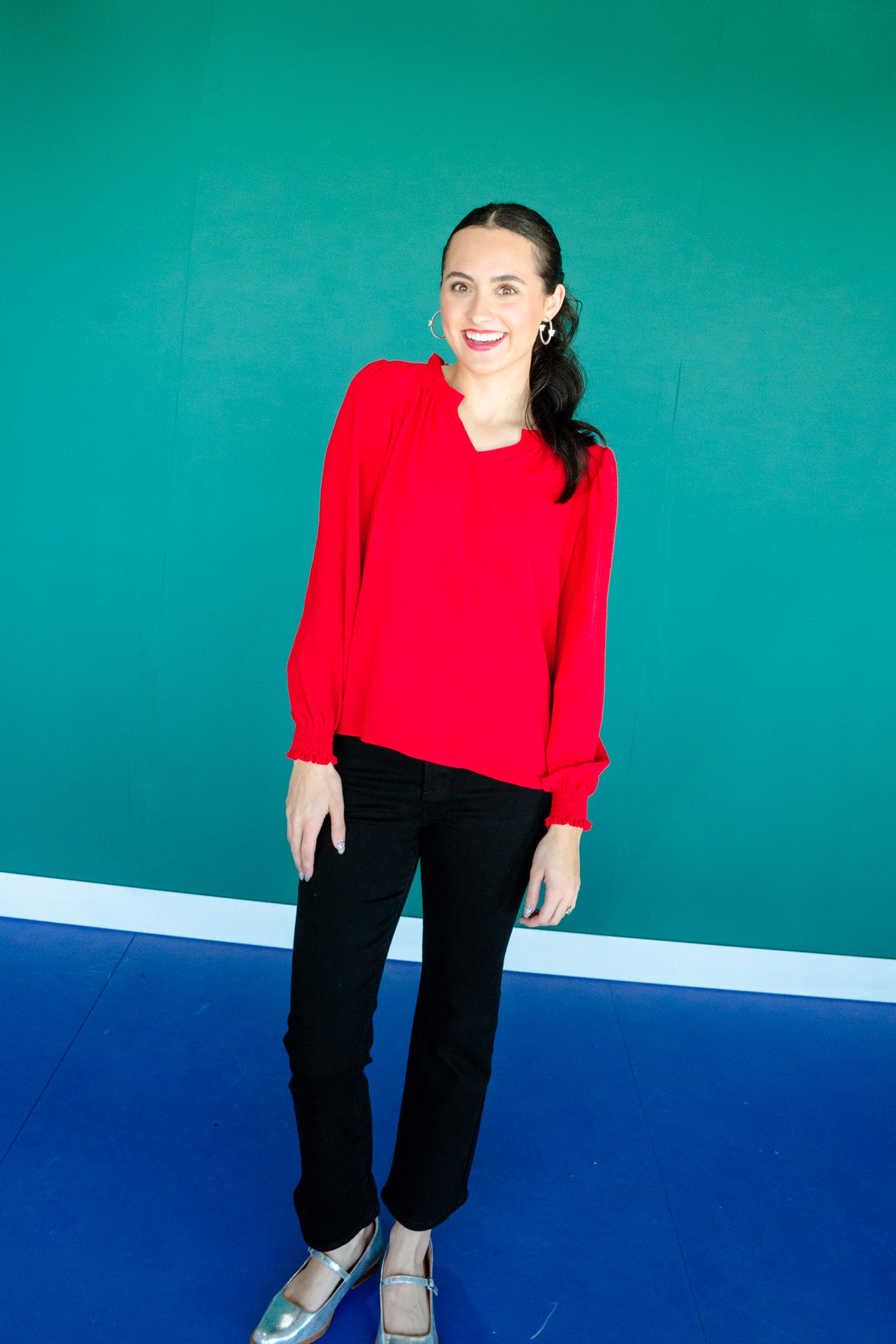 Lanie Textured Ruffle V-Neck Blouse - Cool Red