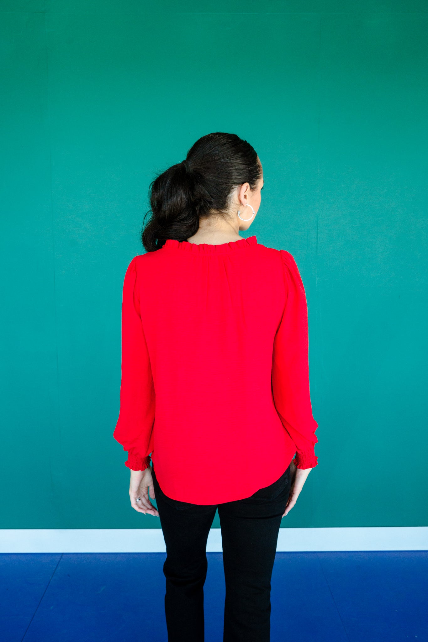 Lanie Textured Ruffle V-Neck Blouse - Cool Red