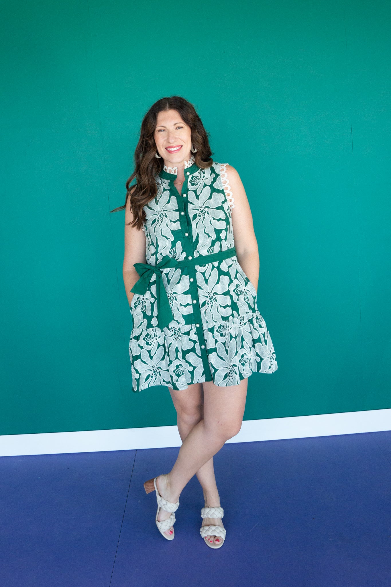 Cordelia Embroidered Mini Dress - Forest Green + Oyster