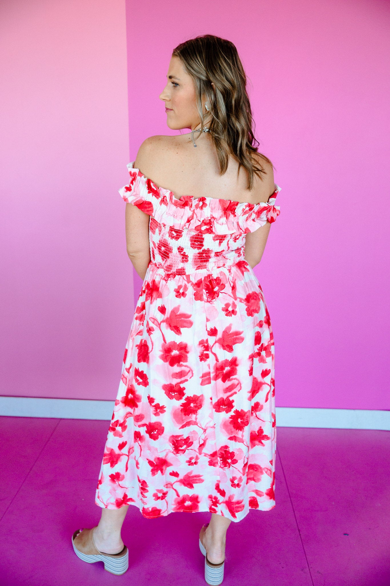 Allyson Off Shoulder Midi Dress - Coral Red + Clover + Soft White