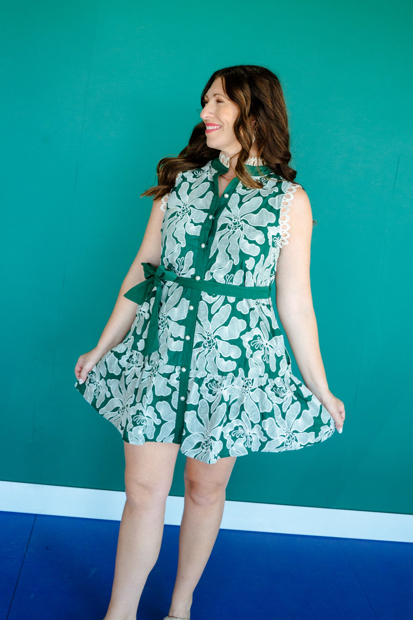 Cordelia Embroidered Mini Dress - Forest Green + Oyster