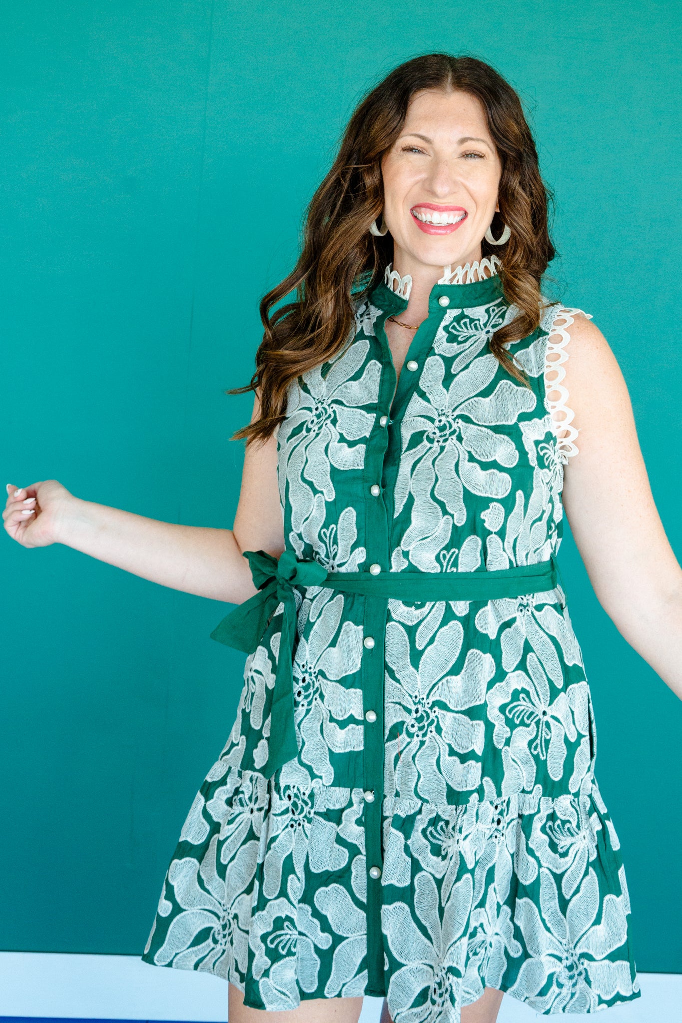 Cordelia Embroidered Mini Dress - Forest Green + Oyster