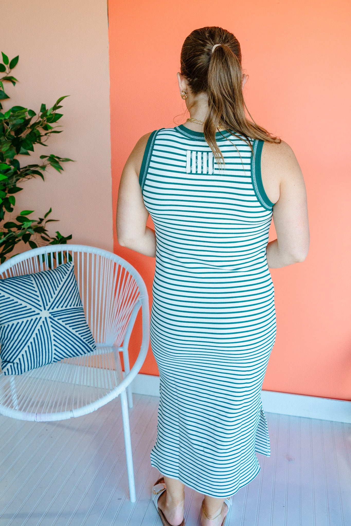 Tia Striped Midi Dress - Forest Green + Oyster