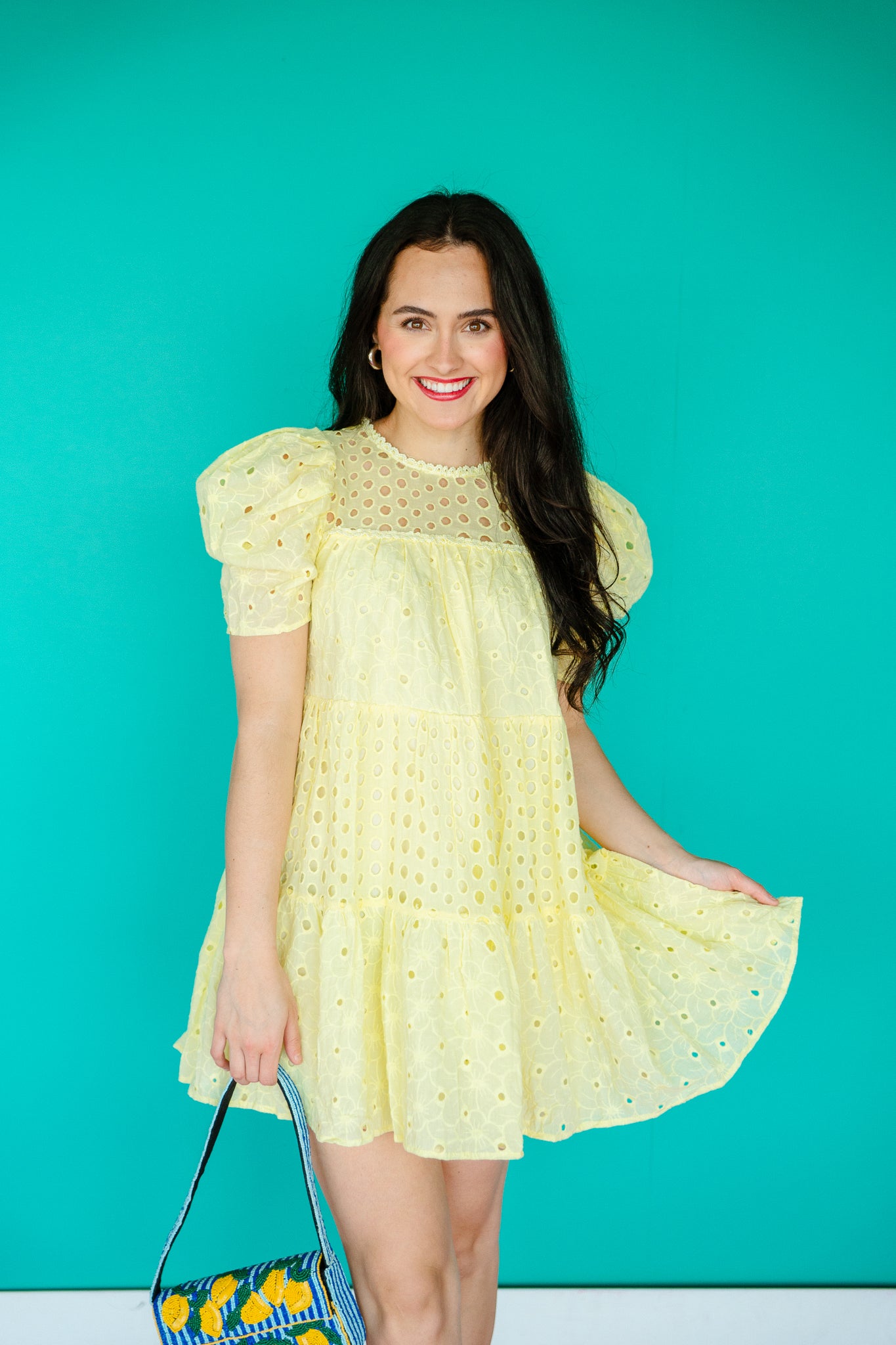Lenny Eyelet Babydoll Mini Dress - Cool Yellow