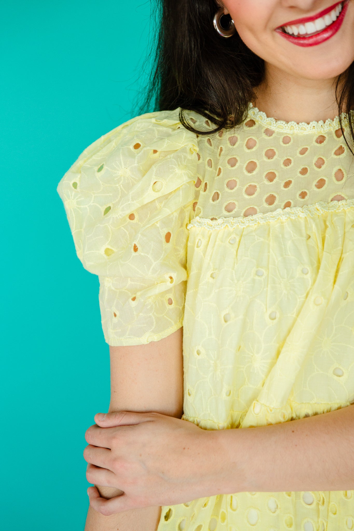 Lenny Eyelet Babydoll Mini Dress - Cool Yellow