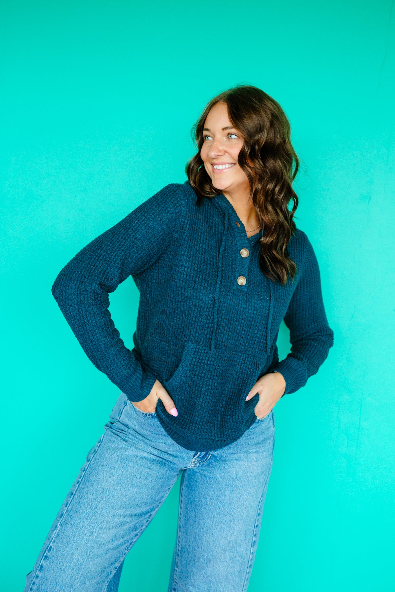 Vera Waffle Knit Hoodie - Kingfisher