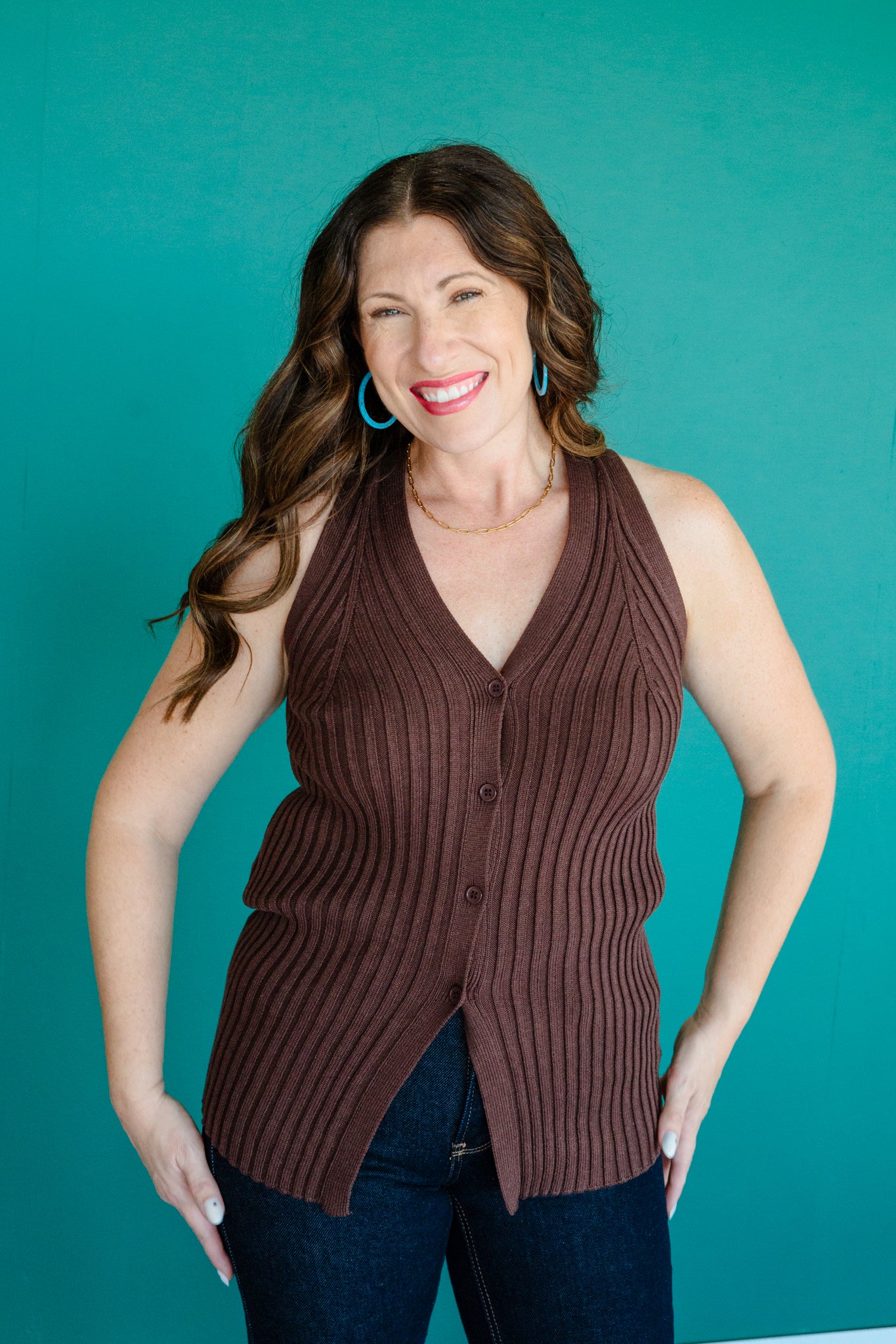 Amelia Button Sweater Vest - Dark Brown