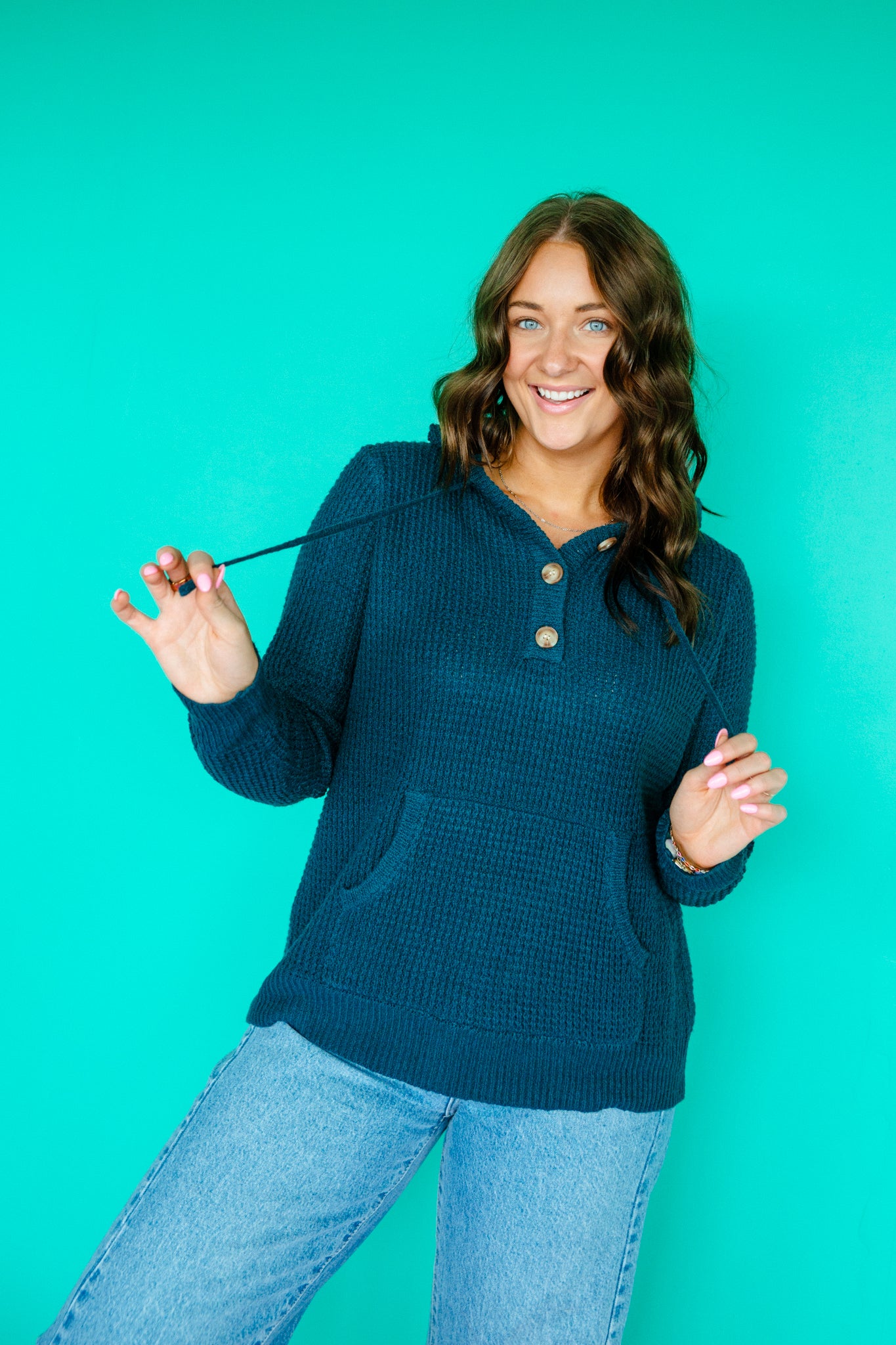 Vera Waffle Knit Hoodie - Kingfisher