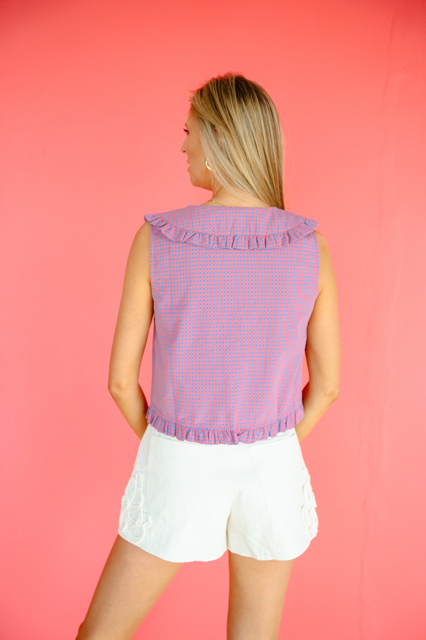 Alma Collared Blouse - Coral Red + Blue