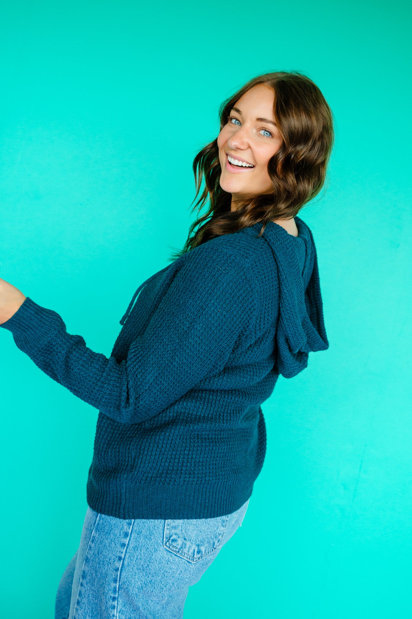 Vera Waffle Knit Hoodie - Kingfisher