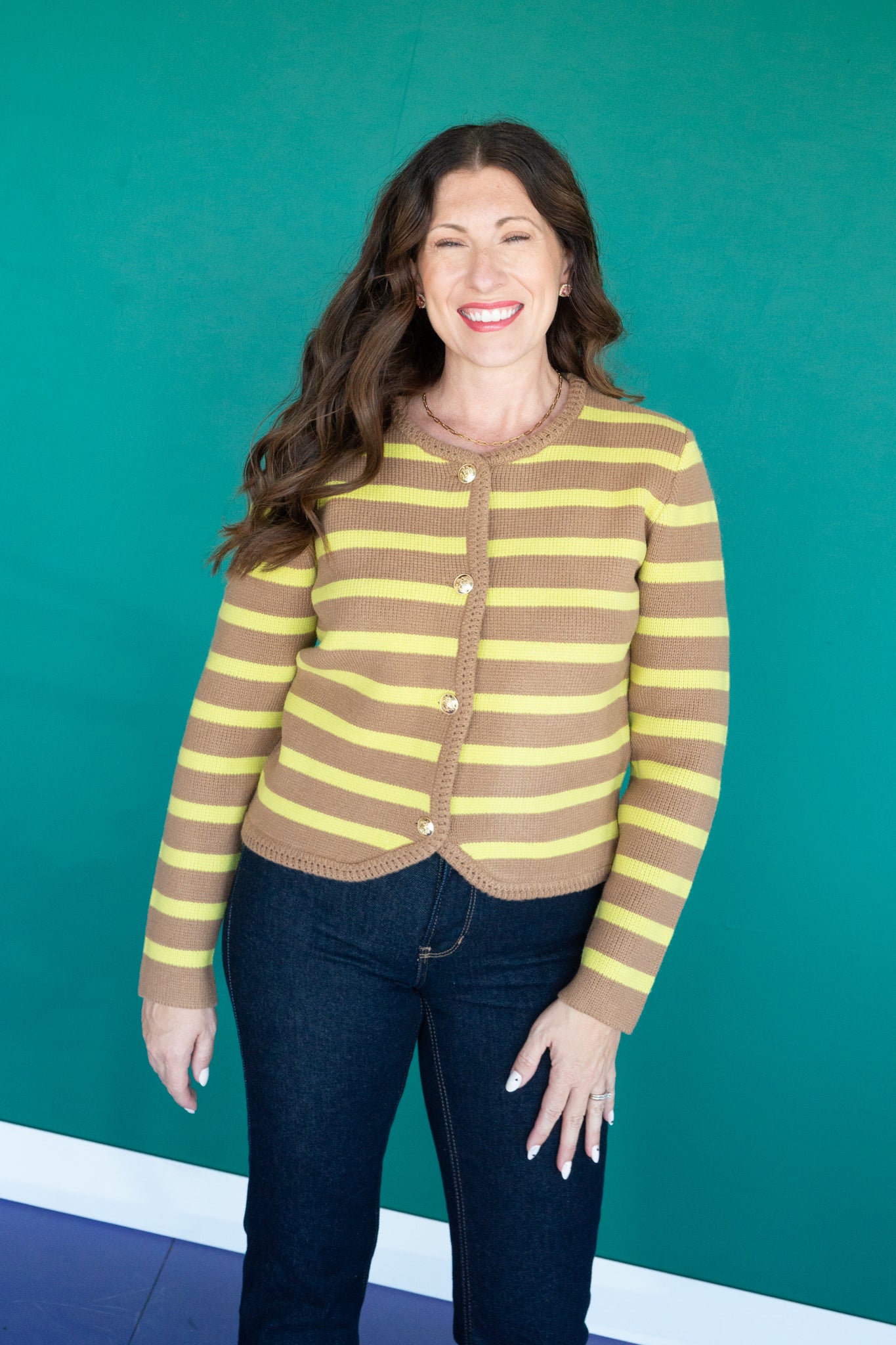 Esme Striped Cardigan - Beige + Lime