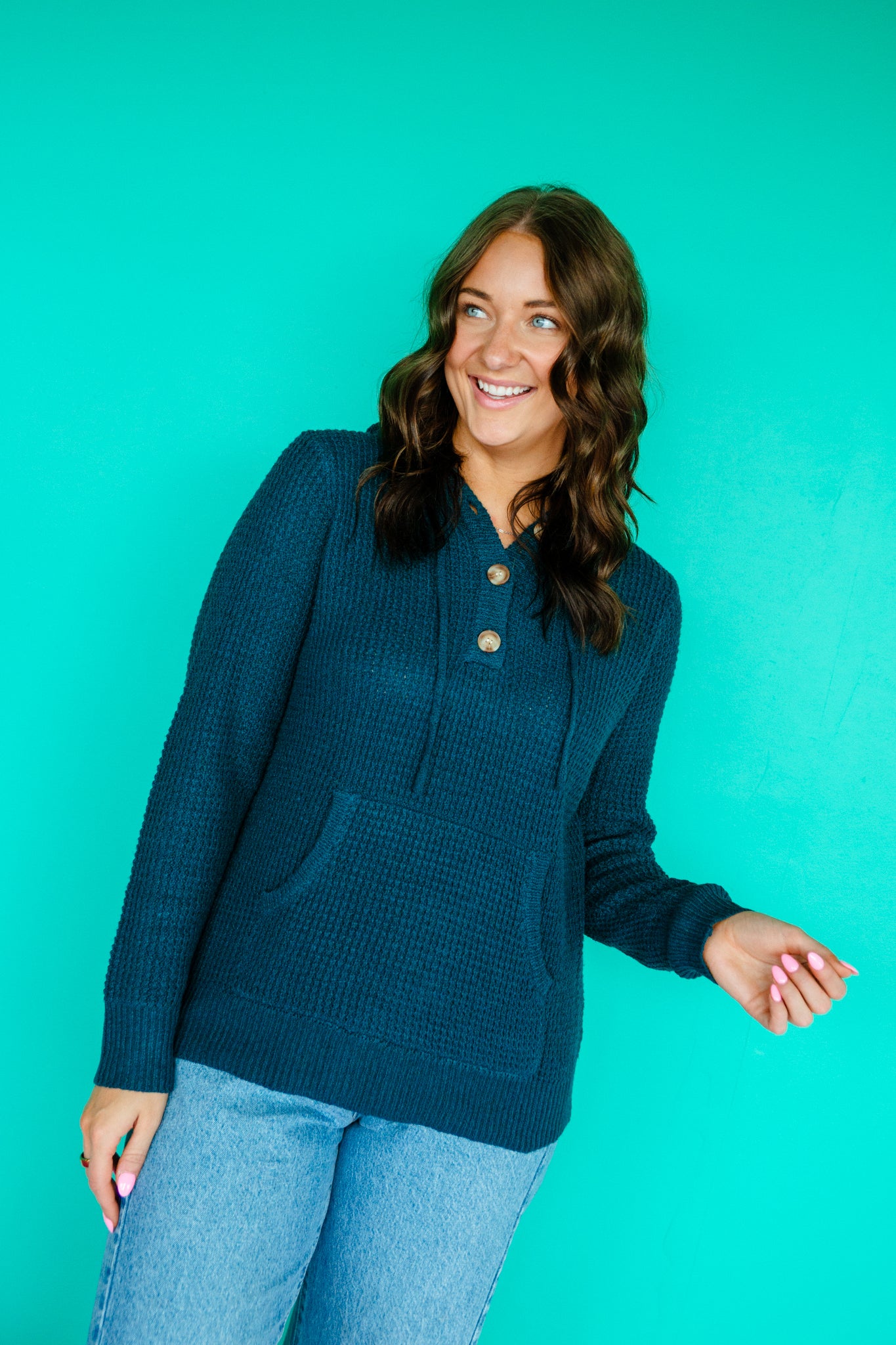 Vera Waffle Knit Hoodie - Kingfisher