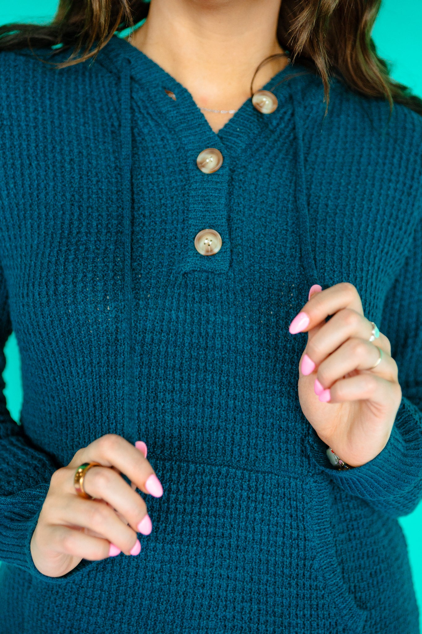 Vera Waffle Knit Hoodie - Kingfisher