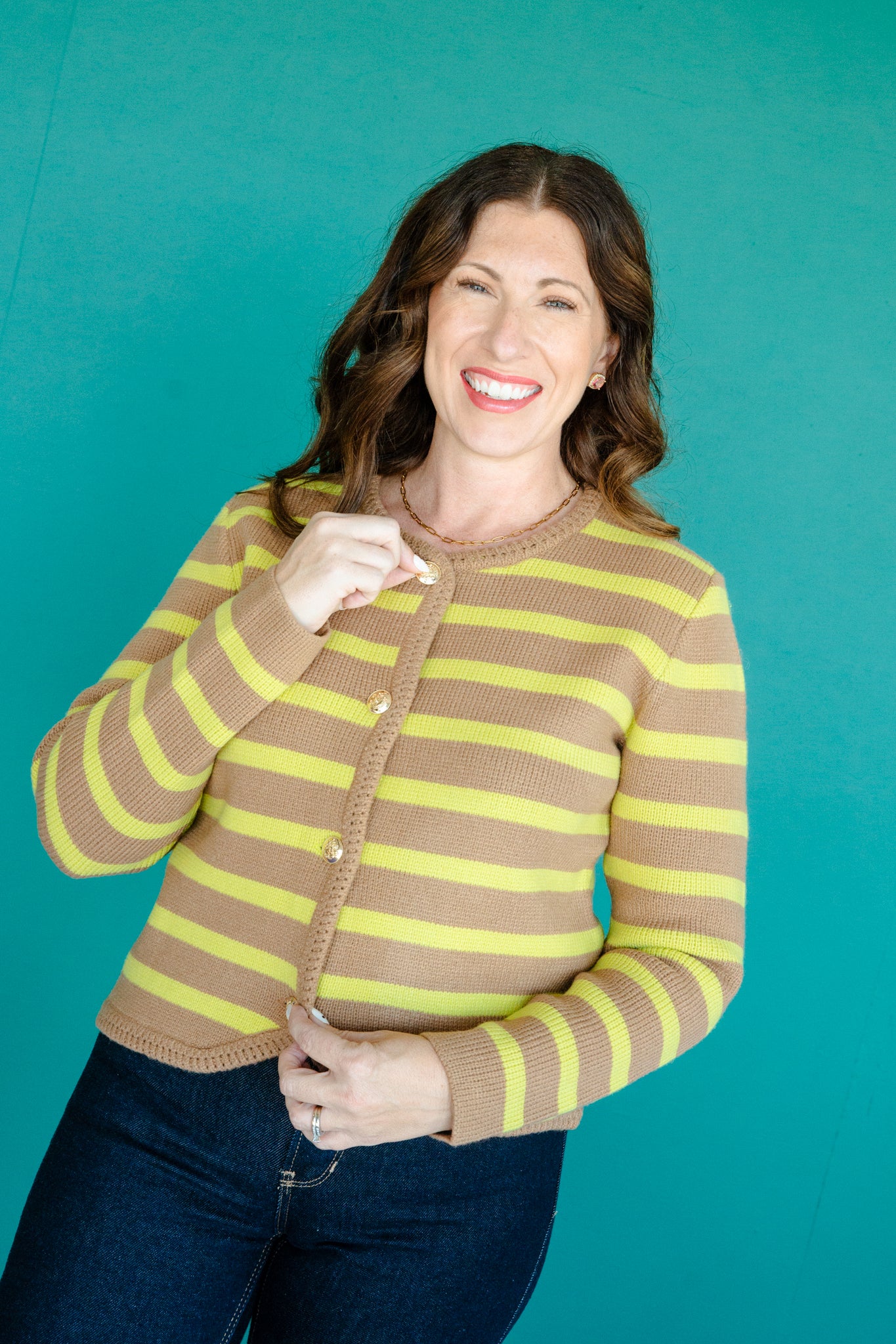 Esme Striped Cardigan - Beige + Lime