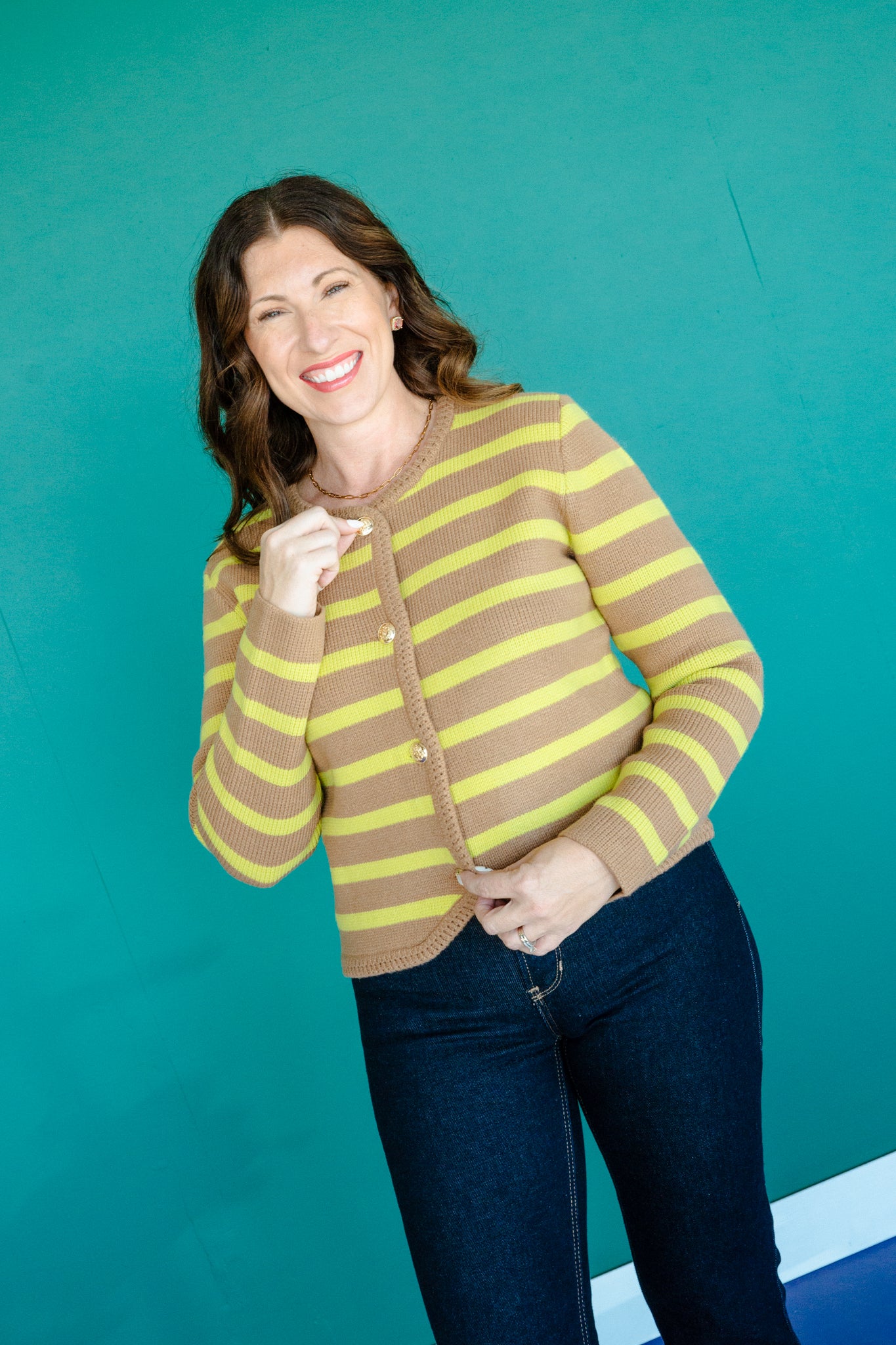 Esme Striped Cardigan - Beige + Lime