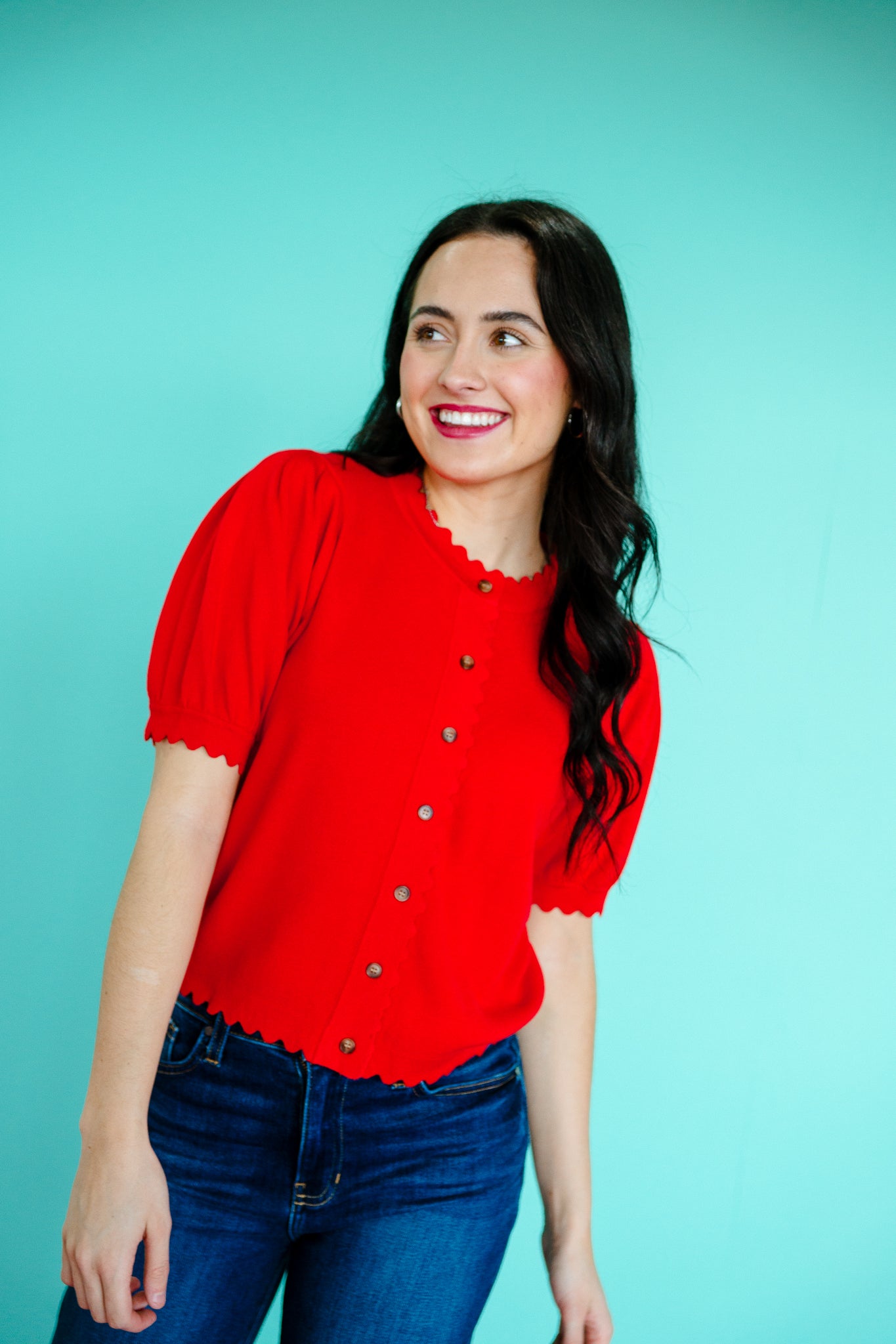 Julia Short Sleeve Scalloped Cardigan - True Red