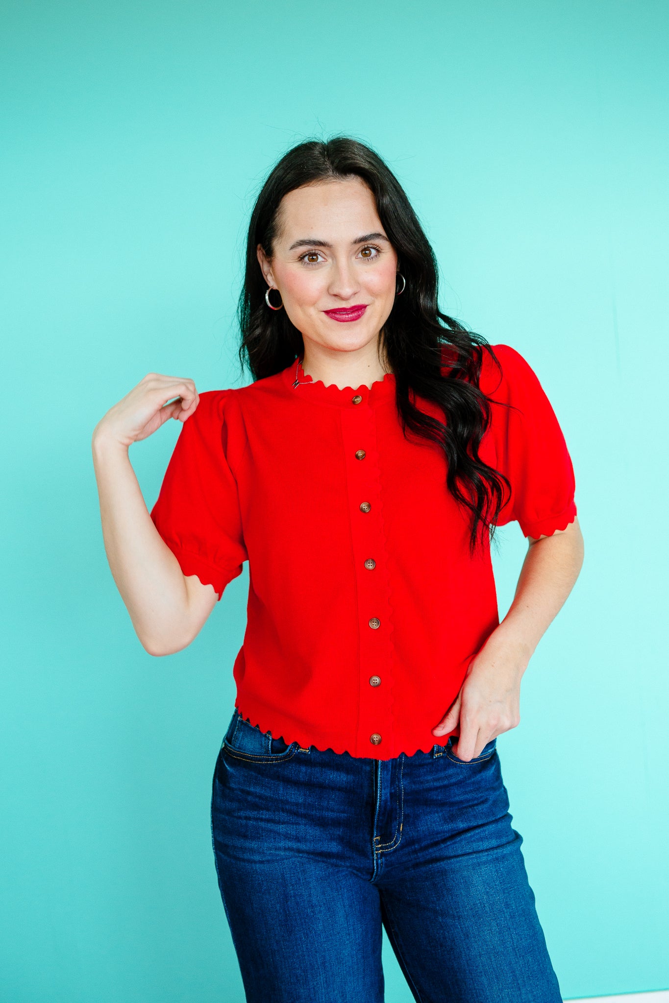 Julia Short Sleeve Scalloped Cardigan - True Red