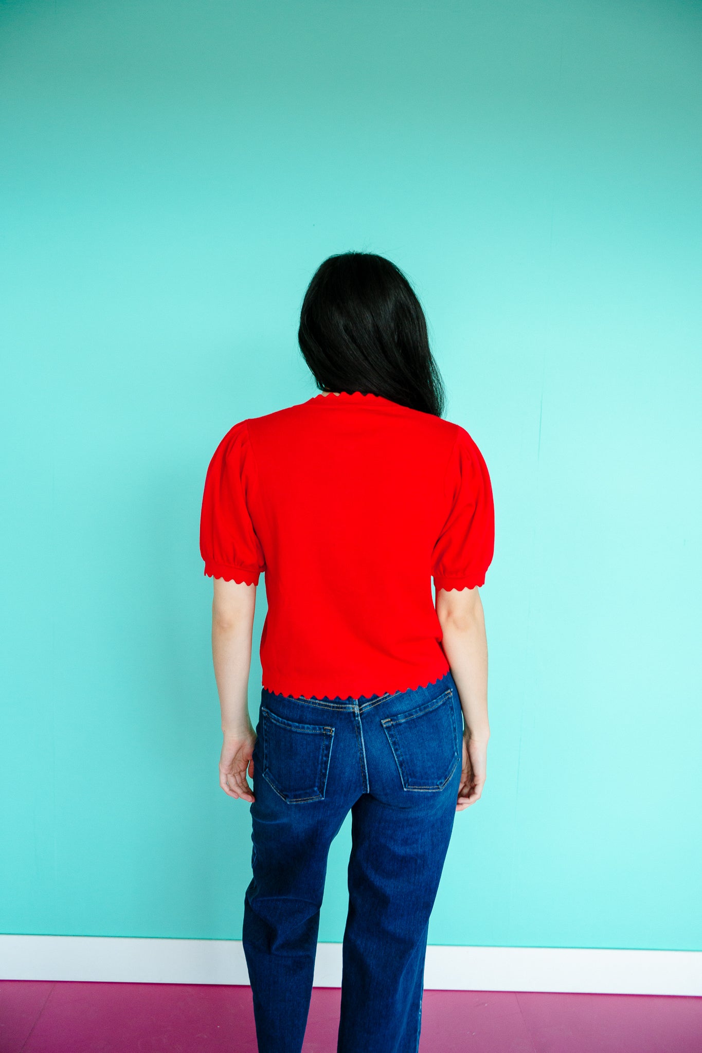 Julia Short Sleeve Scalloped Cardigan - True Red
