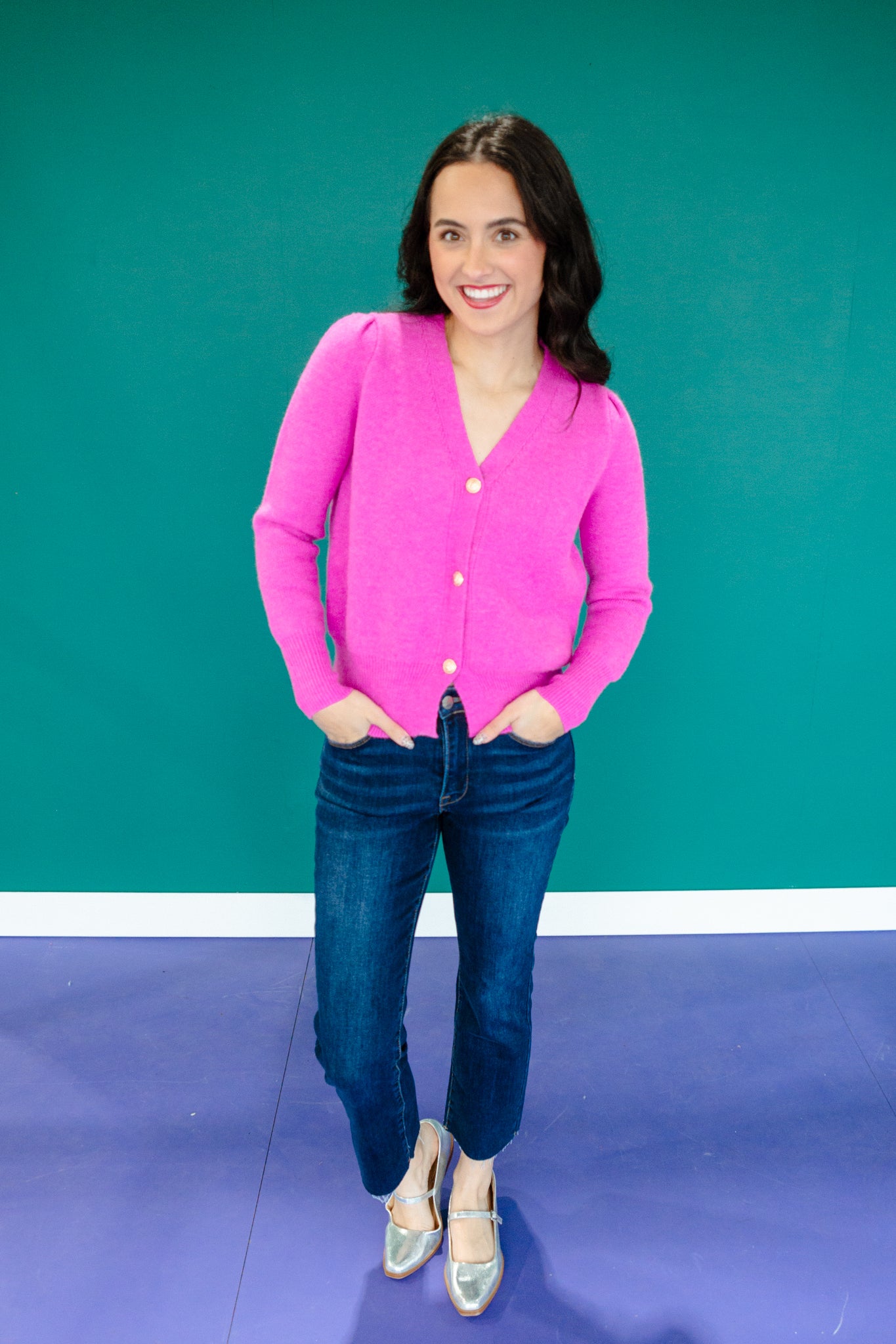 Ashley Button Down V-Neck Cardigan - Bright Orchid