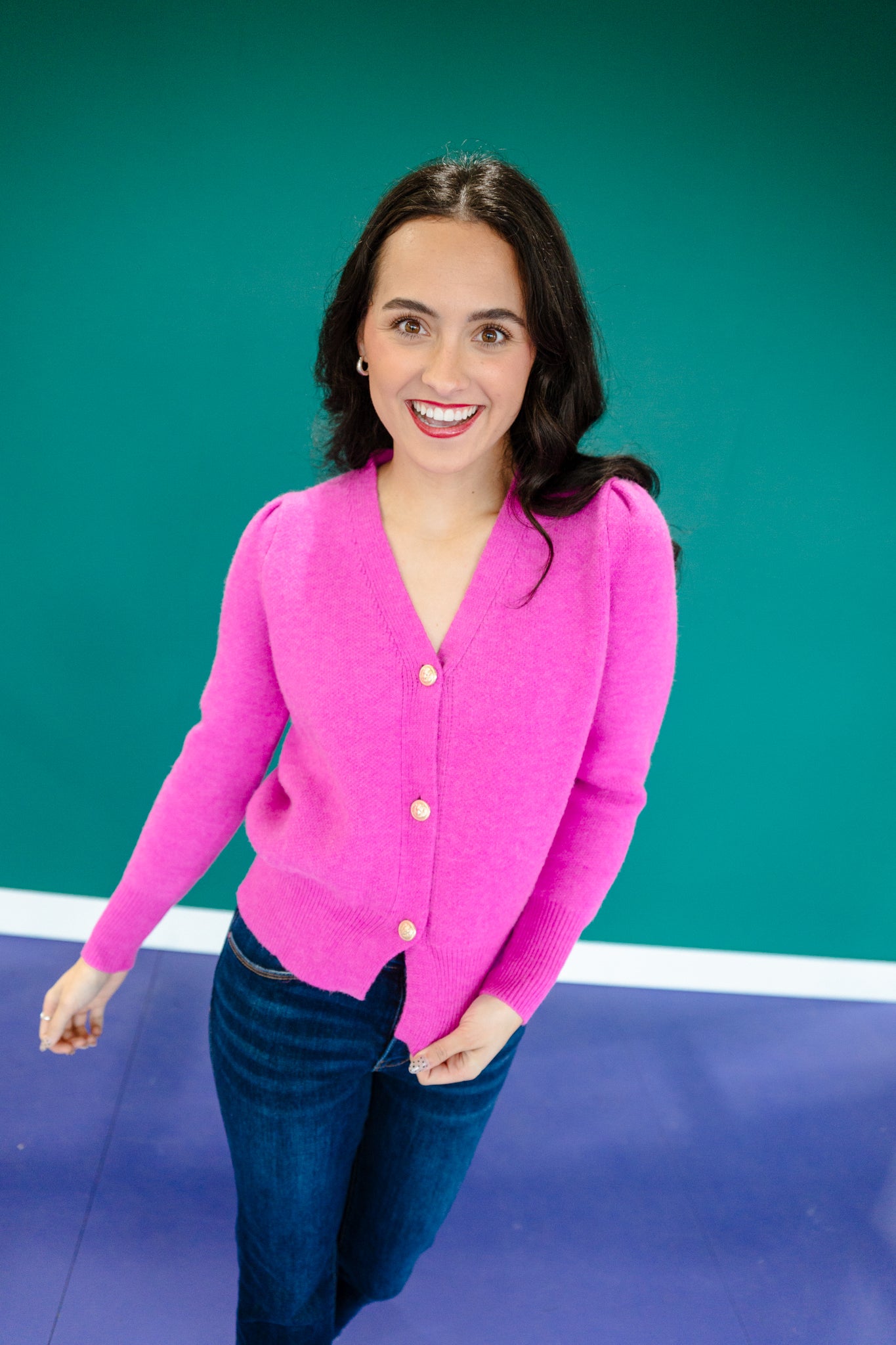 Ashley Button Down V-Neck Cardigan - Bright Orchid