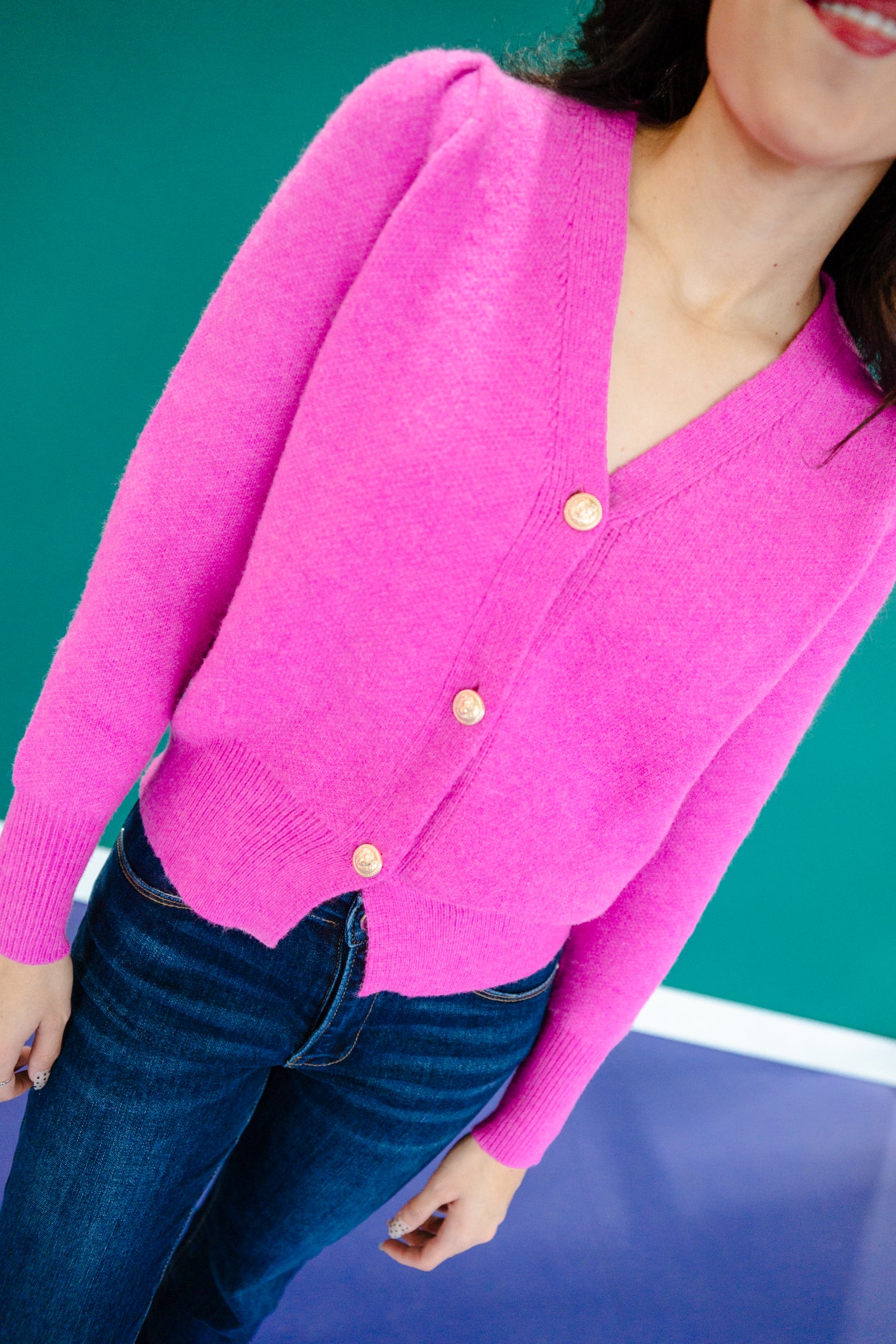 Ashley Button Down V-Neck Cardigan - Bright Orchid