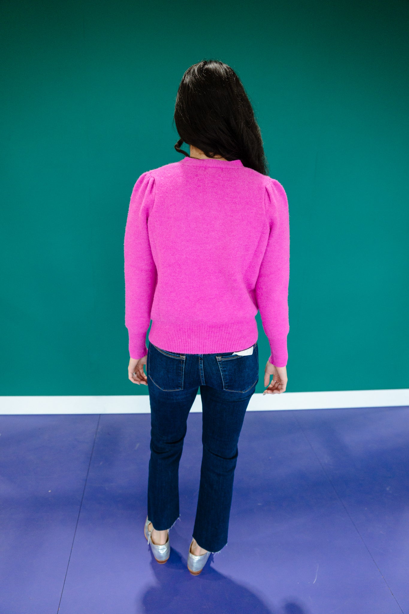 Ashley Button Down V-Neck Cardigan - Bright Orchid