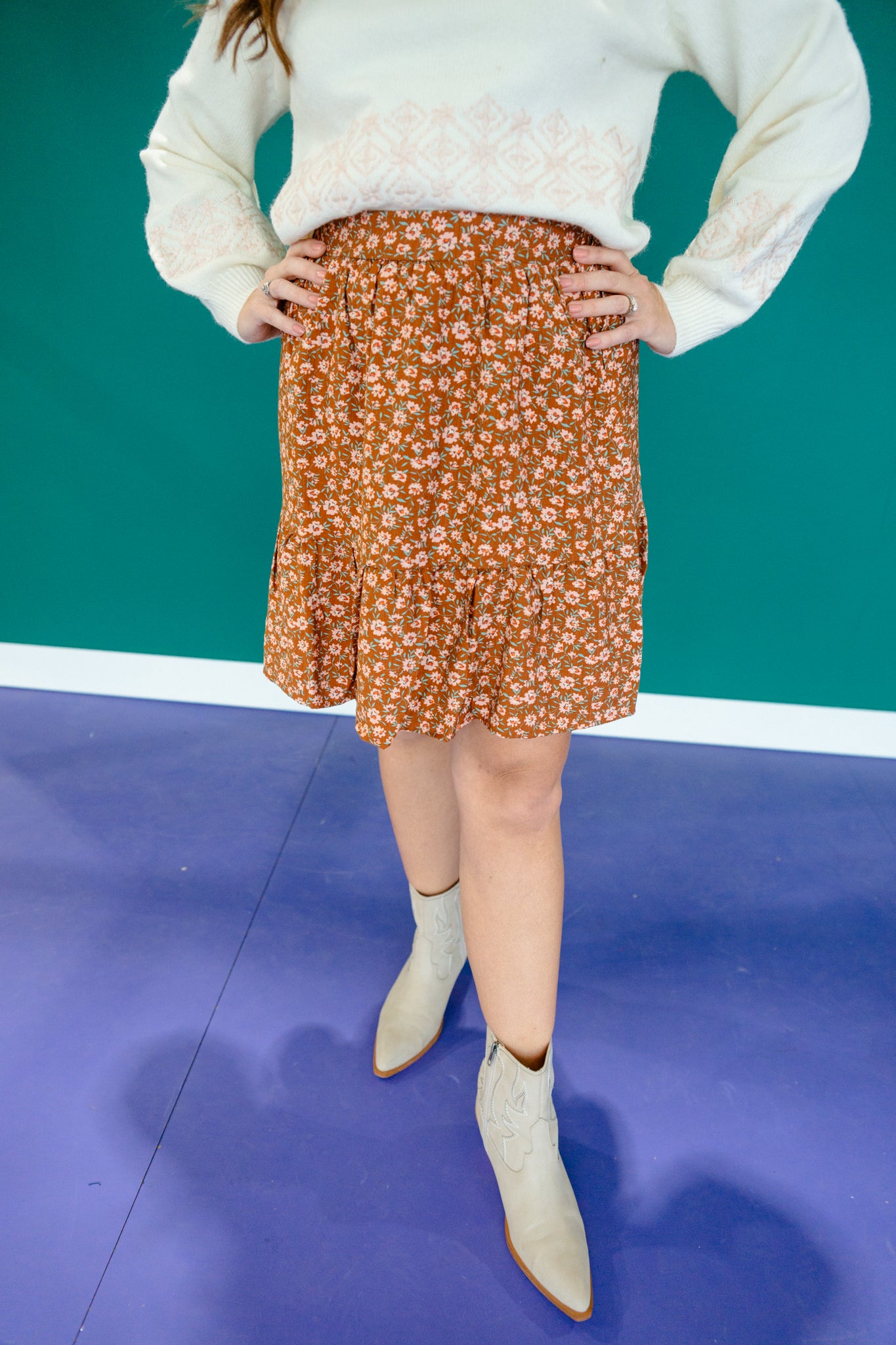 Bree Ditsy Mini Skirt - Tan + Peach