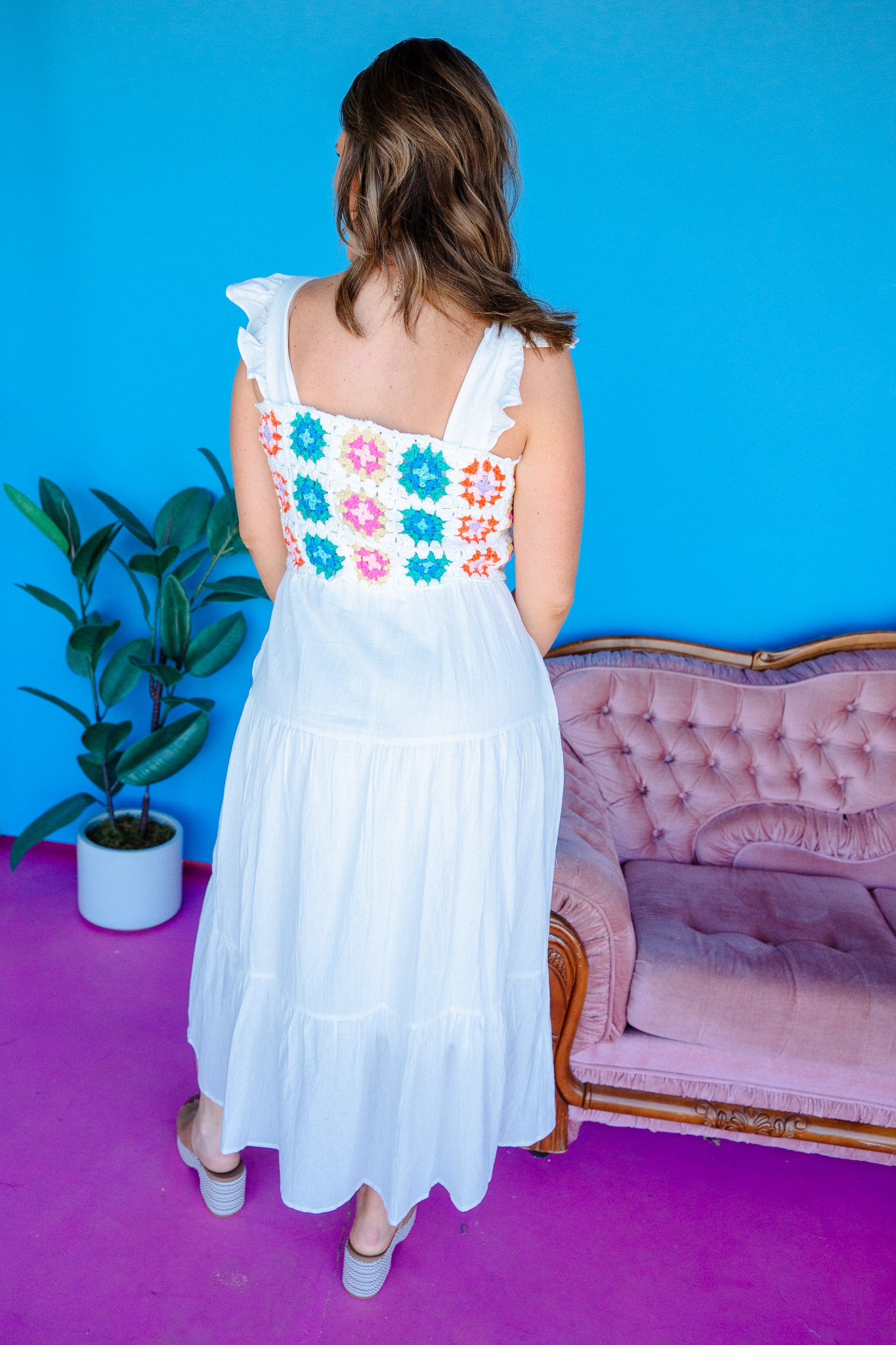 Sweet Summertime Crochet Detail Midi Dress -Soft White + Jade + Rose +. Bright Blue