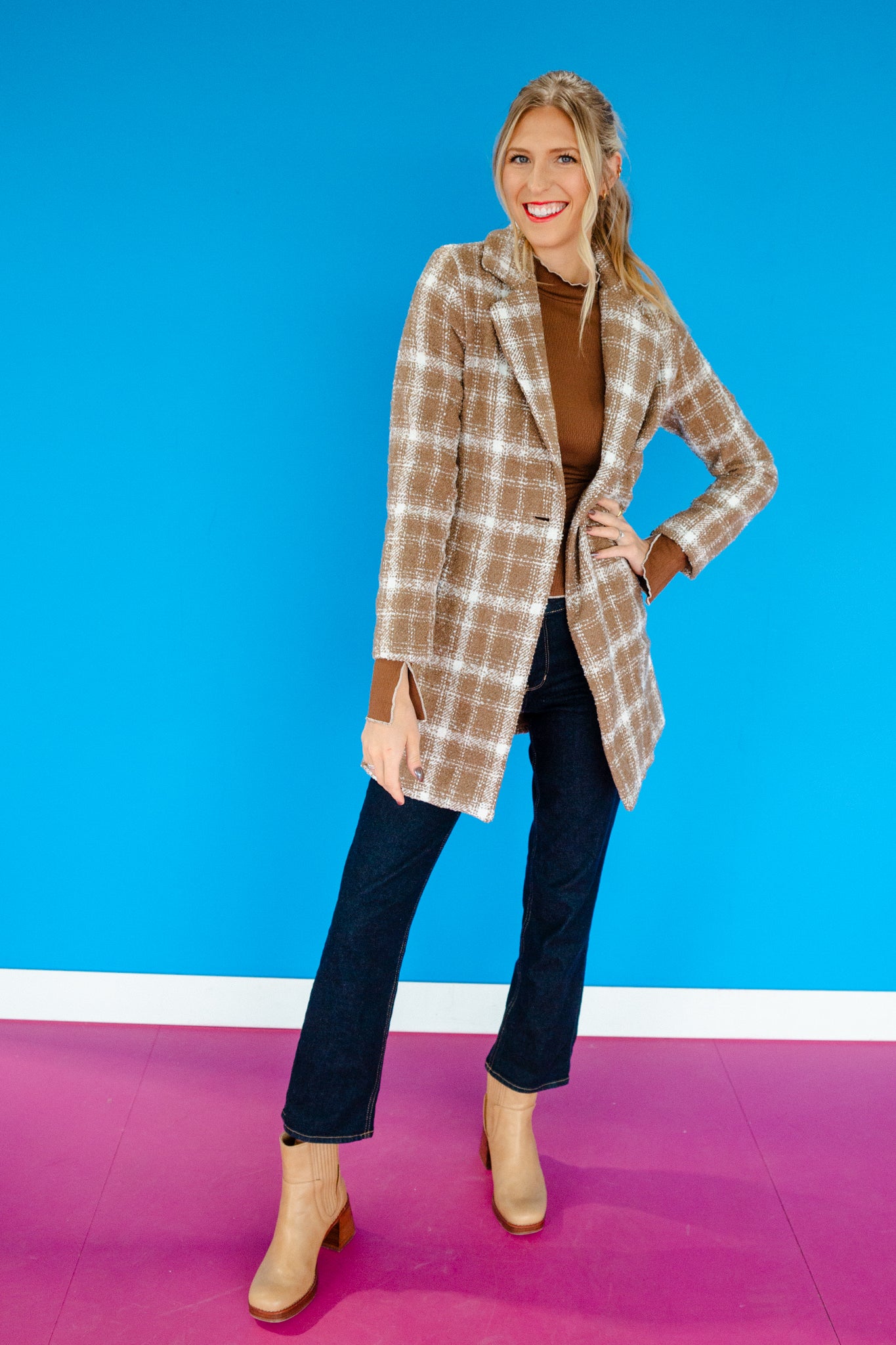 Colleen Plaid Coat - Warm Brown + Cream