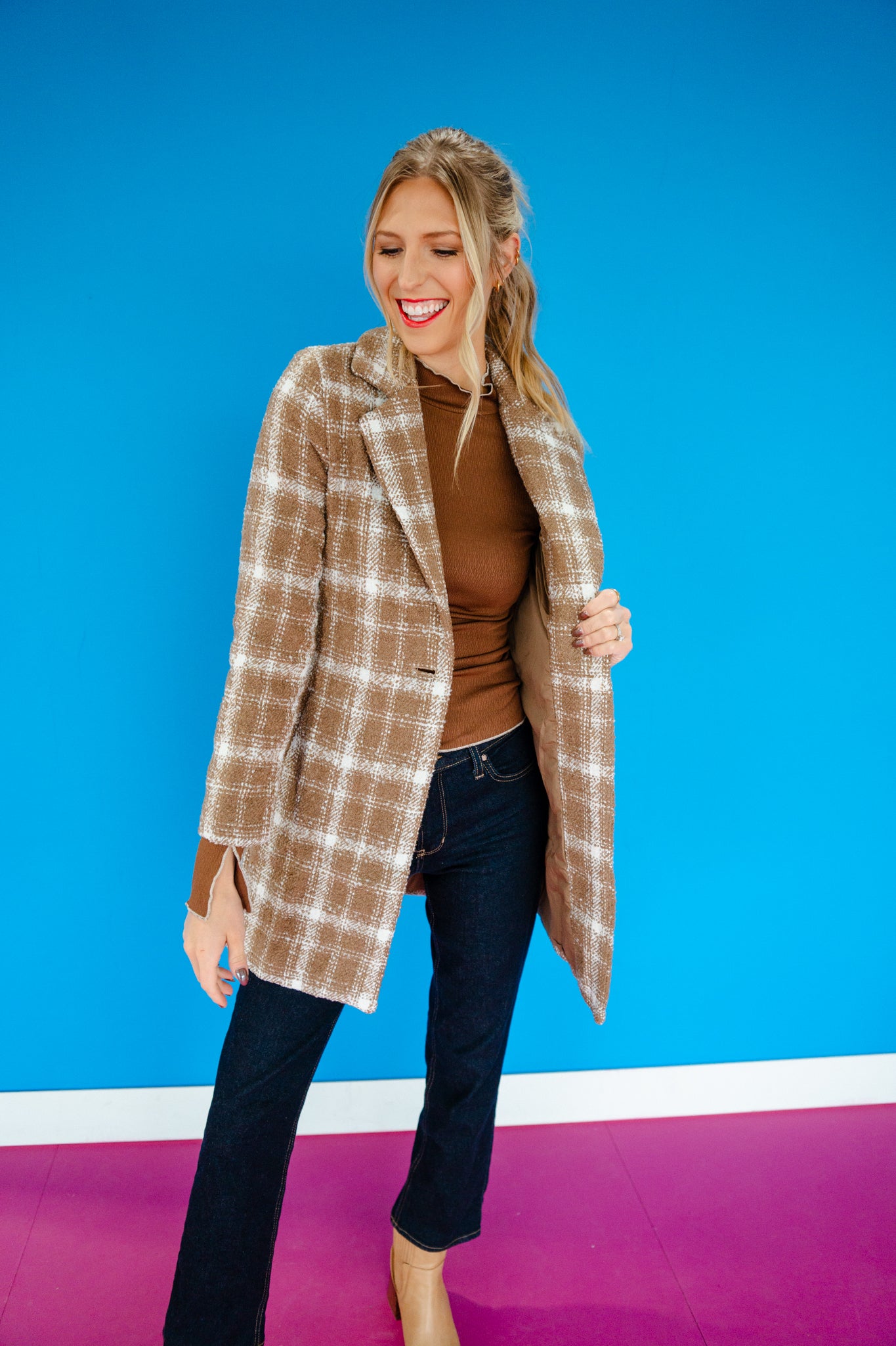 Colleen Plaid Coat - Warm Brown + Cream