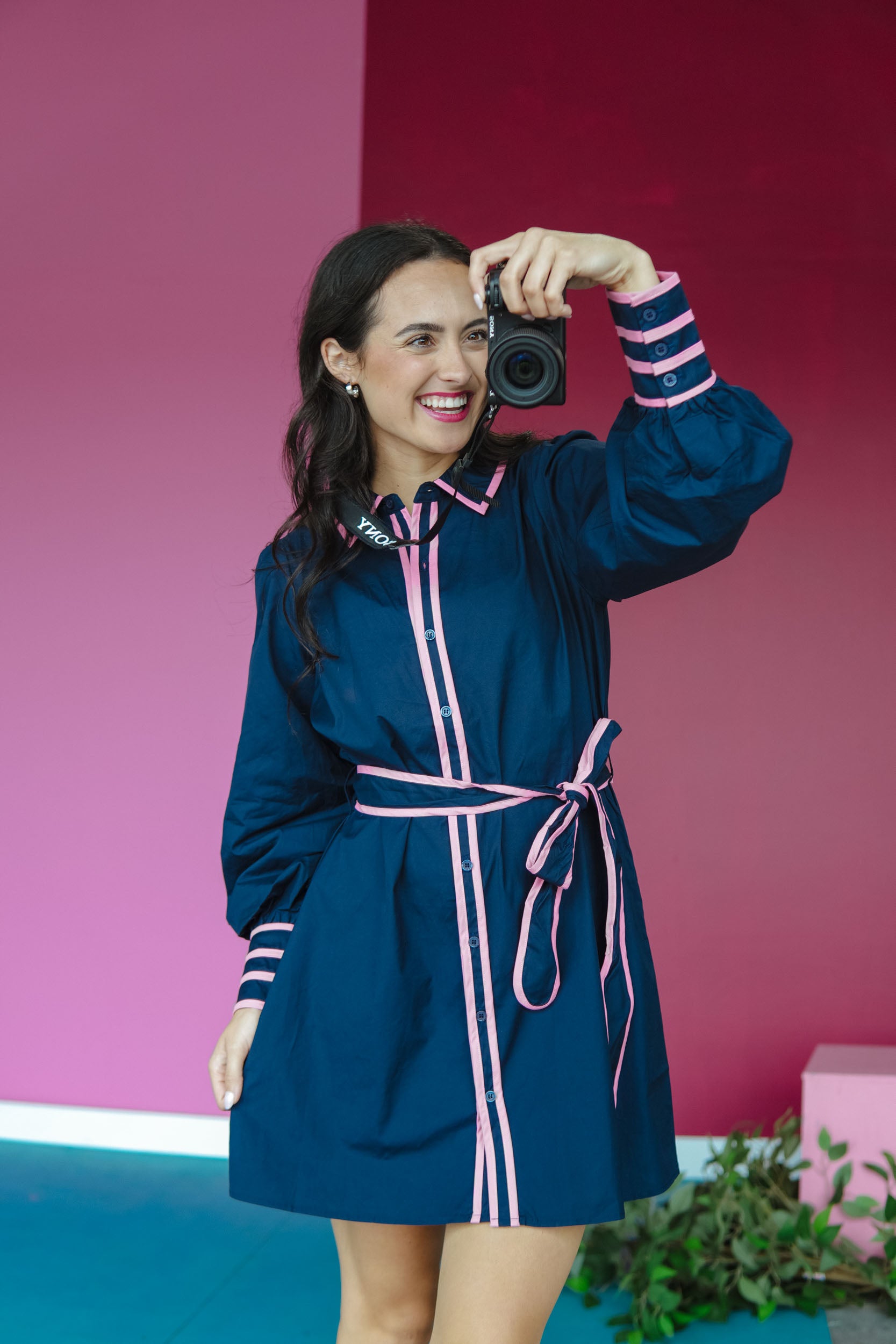 Fun and Fancy Collared Mini Dress - Navy + Shocking Pink