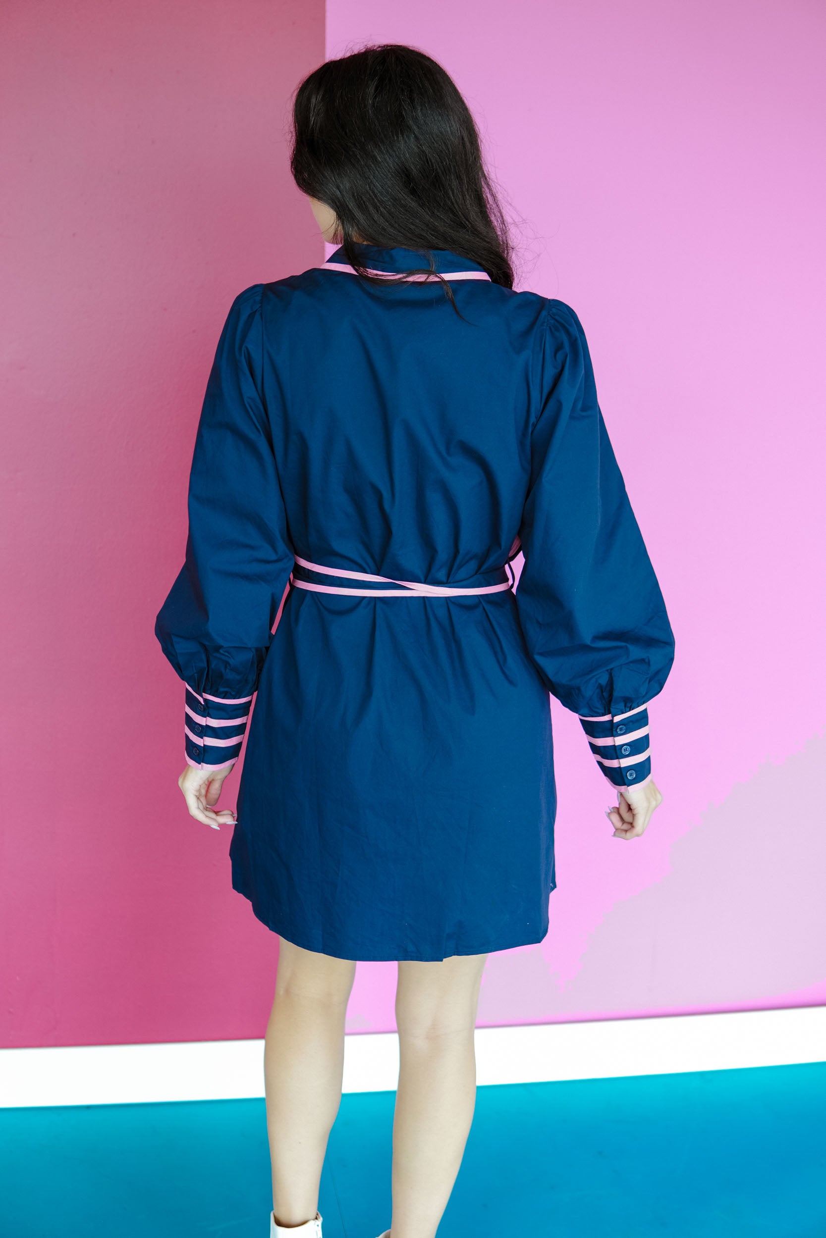 Fun and Fancy Collared Mini Dress - Navy + Shocking Pink