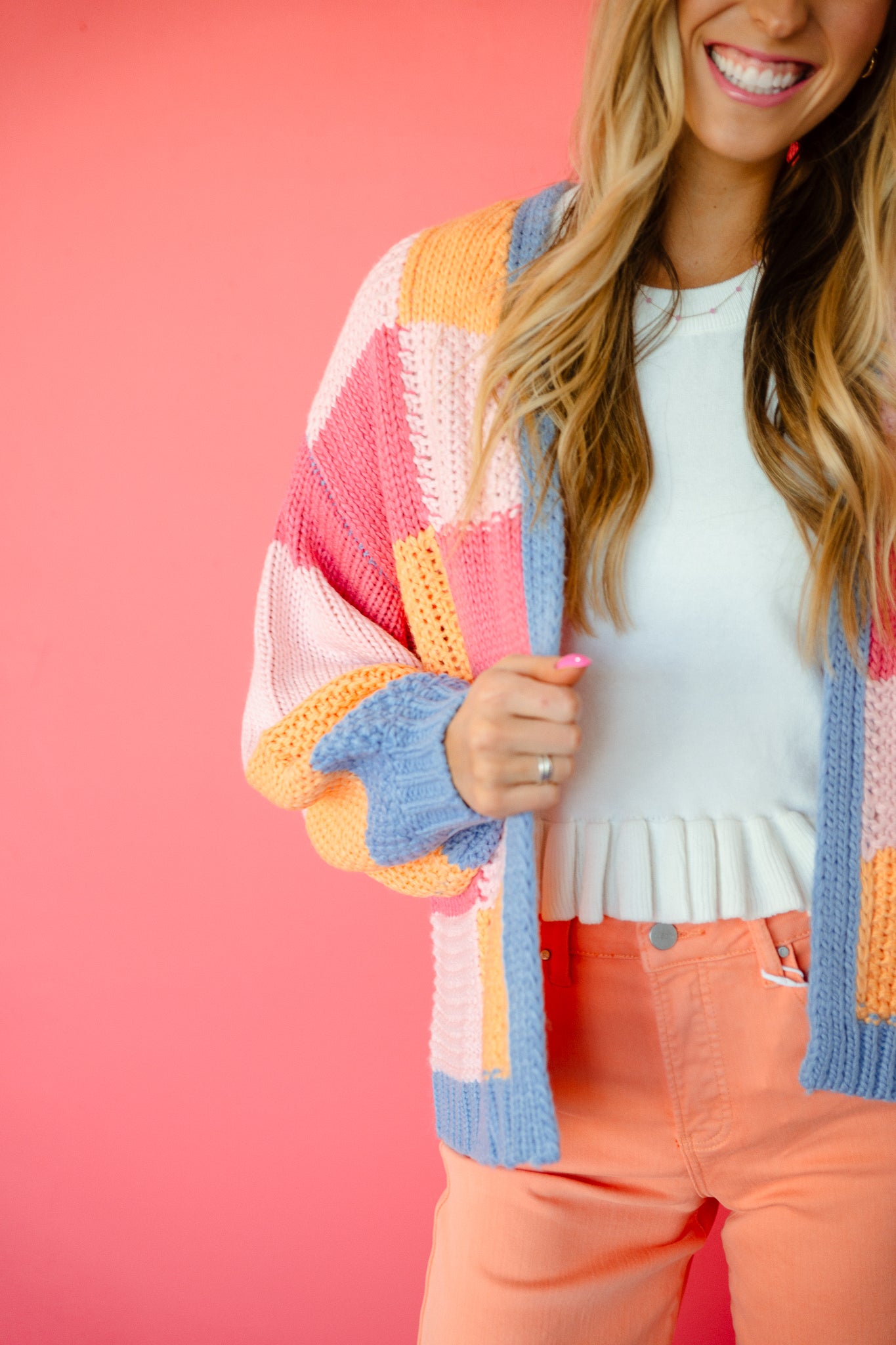 Ginny Colorblock Knit Cardigan - Tangerine, Hyacinth, and Pink