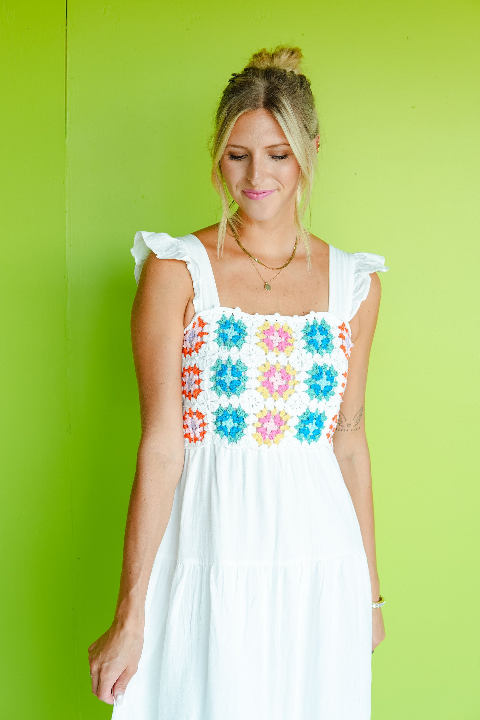 Sweet Summertime Crochet Detail Midi Dress -Soft White + Jade + Rose +. Bright Blue