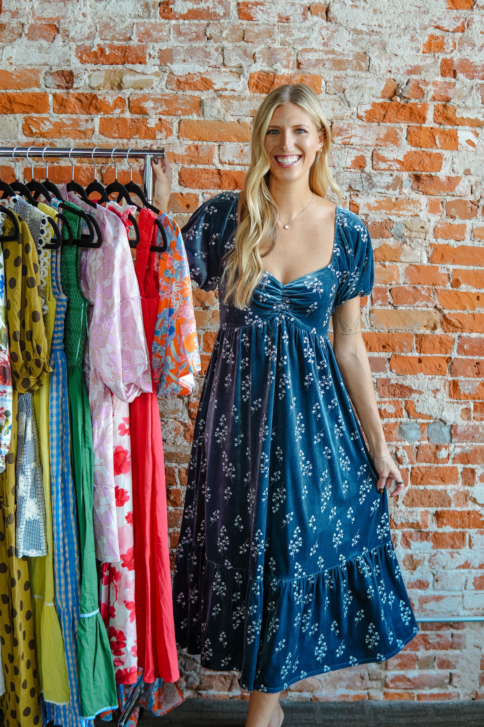 Moonlit Market Floral Velvet Dress - Dark Blue Grey