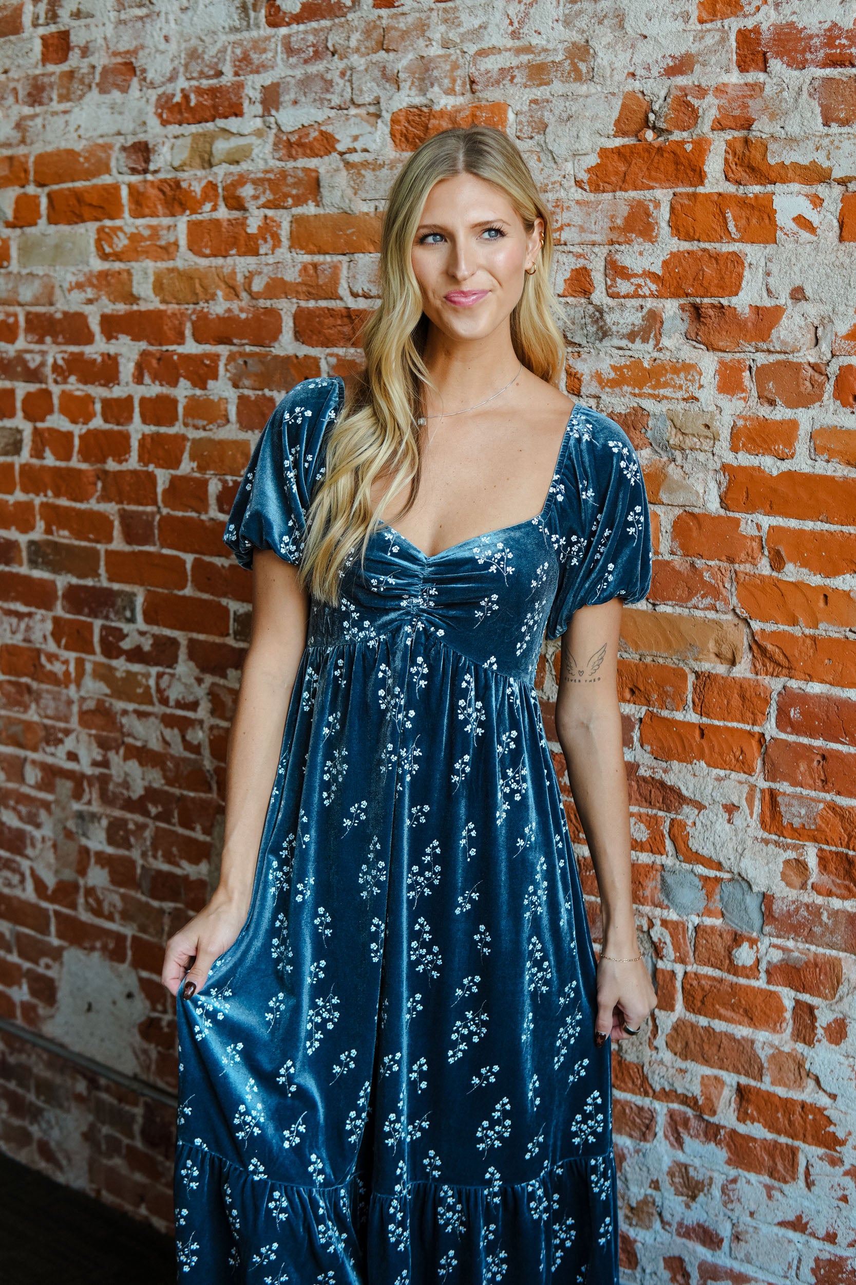 Moonlit Market Floral Velvet Dress - Dark Blue Grey