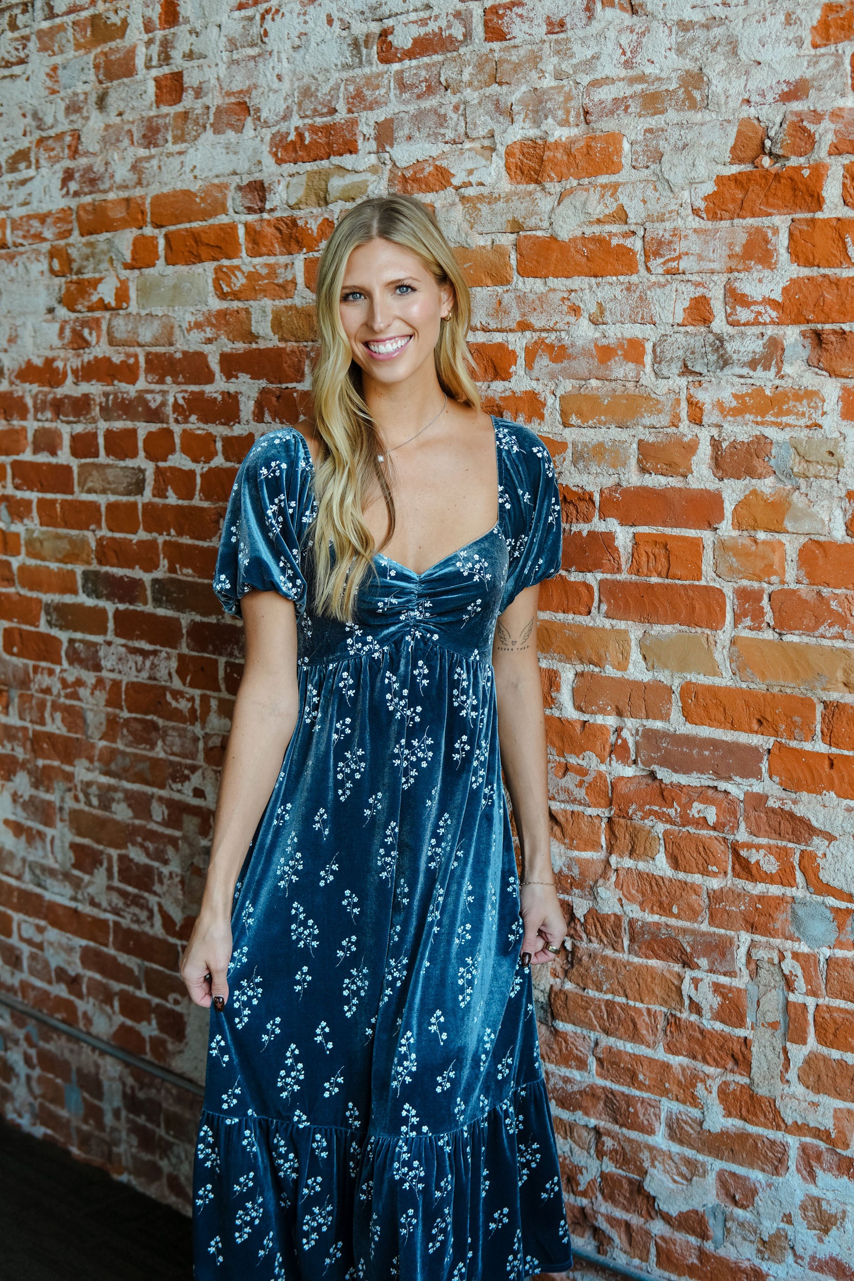 Moonlit Market Floral Velvet Dress - Dark Blue Grey