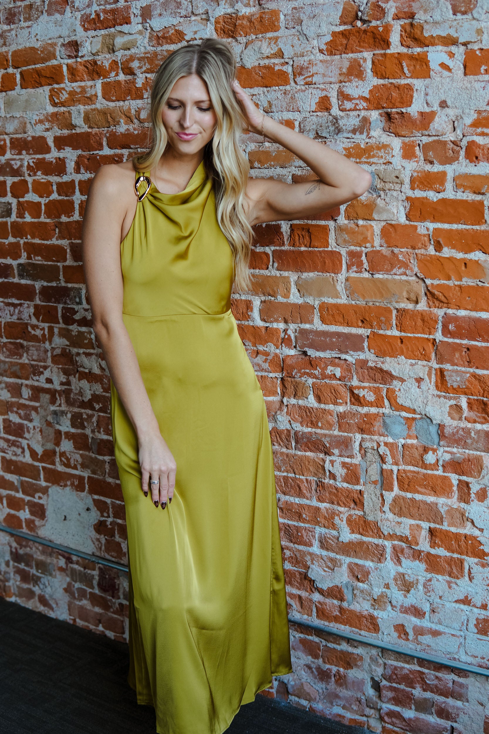 In The Moment Satin Midi Dress - Chartreuse