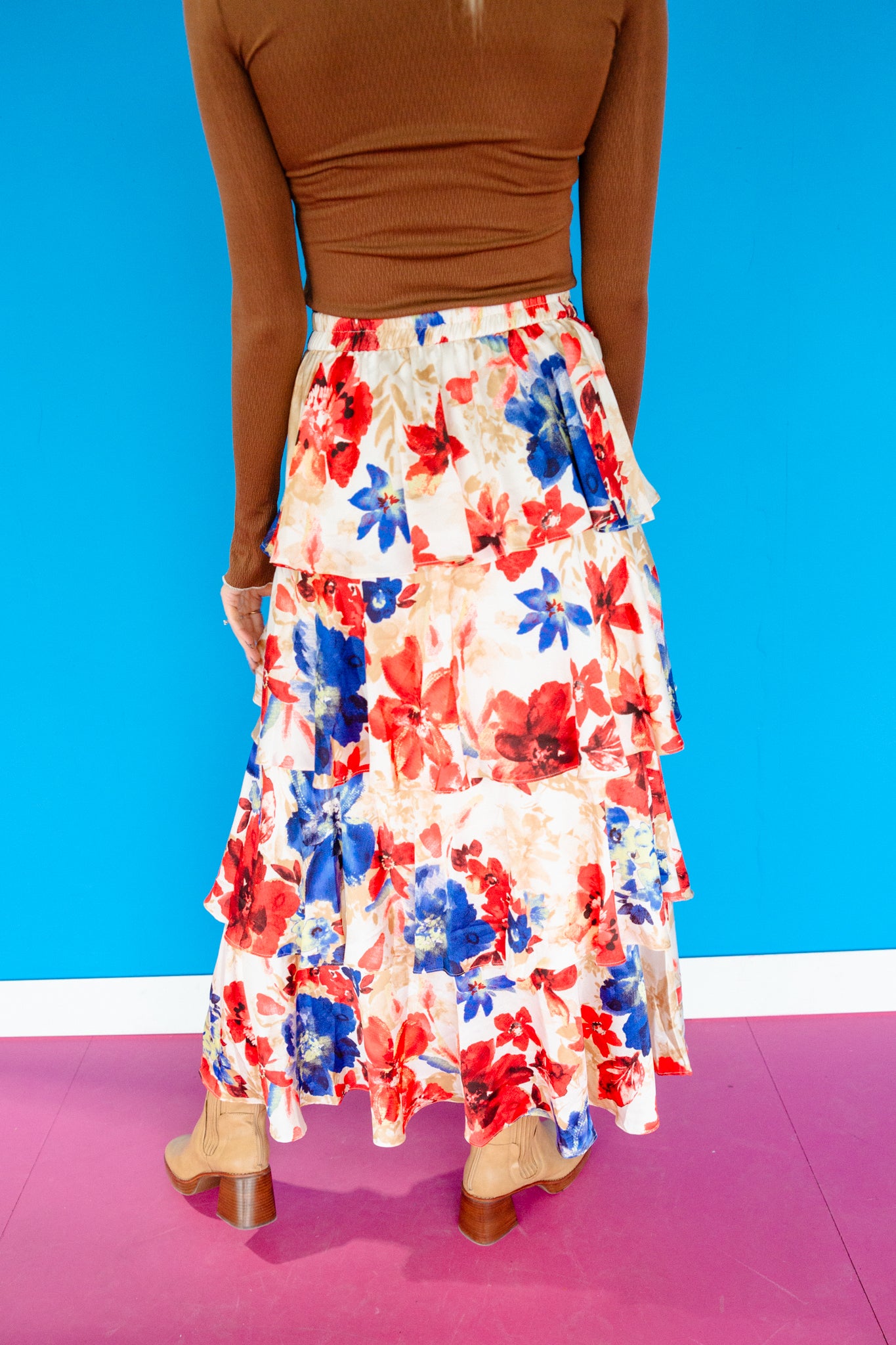 Tosha Tiered Maxi Skirt - Champagne + Warm Red