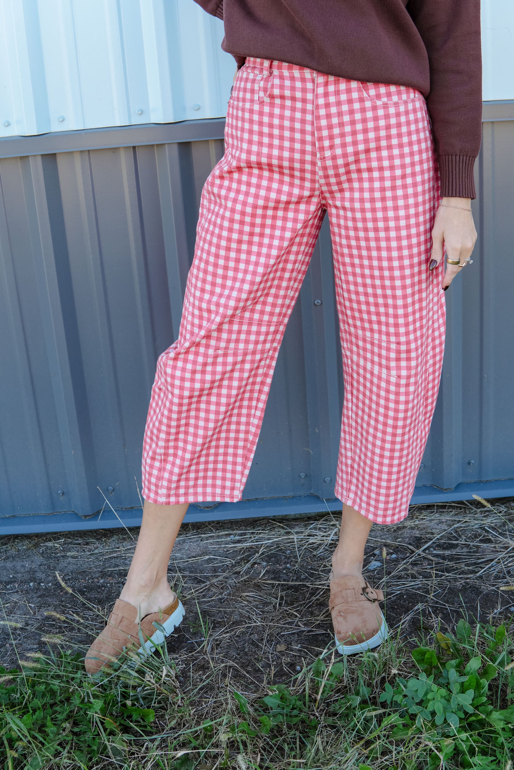 Sweet Talk Gingham Barrel Pants - Musk Pink