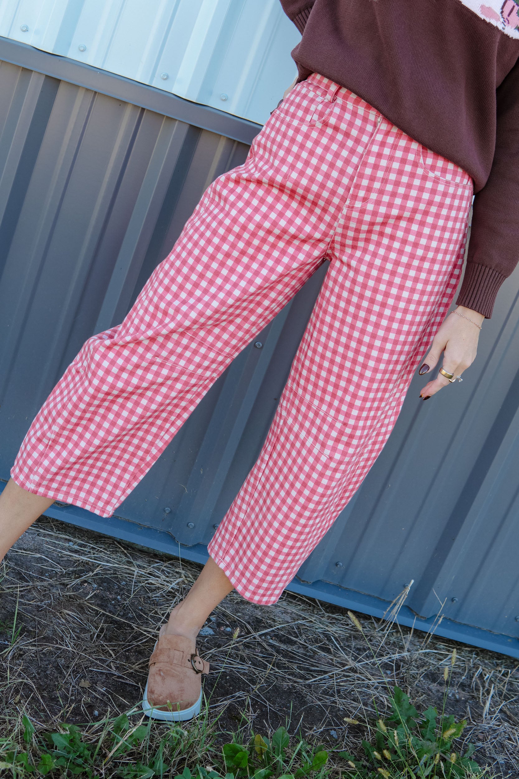 Sweet Talk Gingham Barrel Pants - Musk Pink