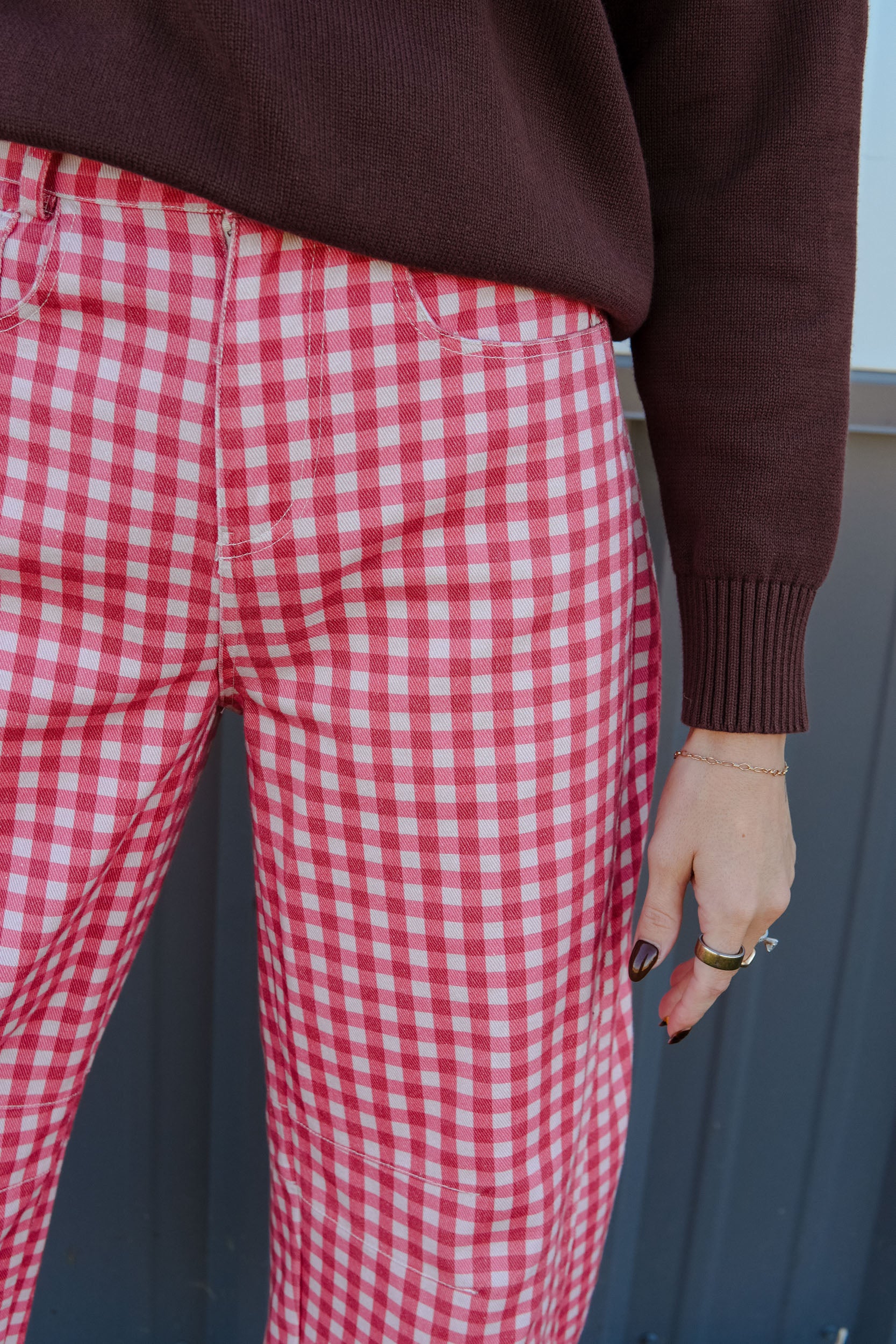 Sweet Talk Gingham Barrel Pants - Musk Pink