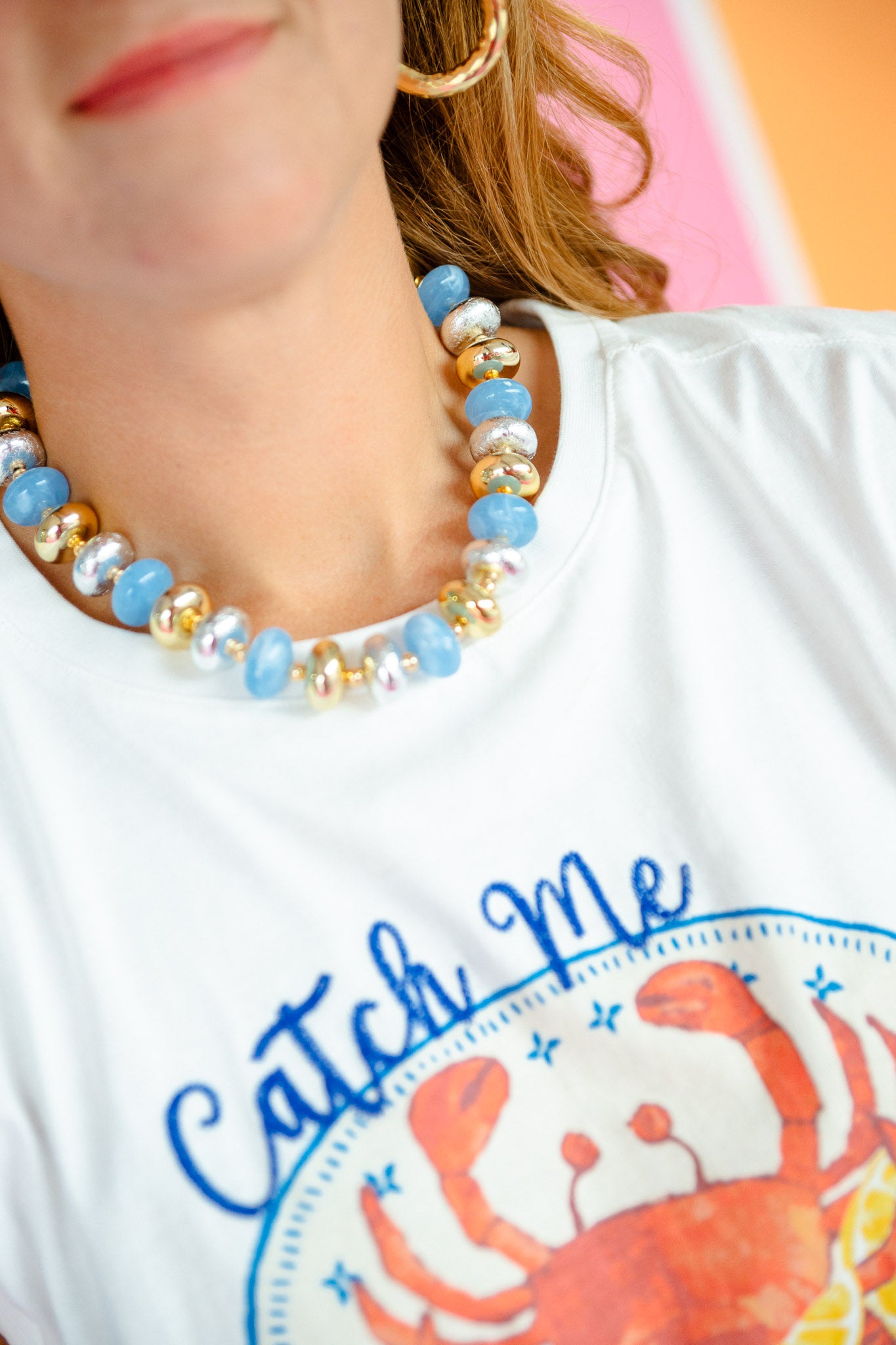 [Treasure Jewels] Frosted Sky Beaded Necklace - Gold + Silver + Sky Blue