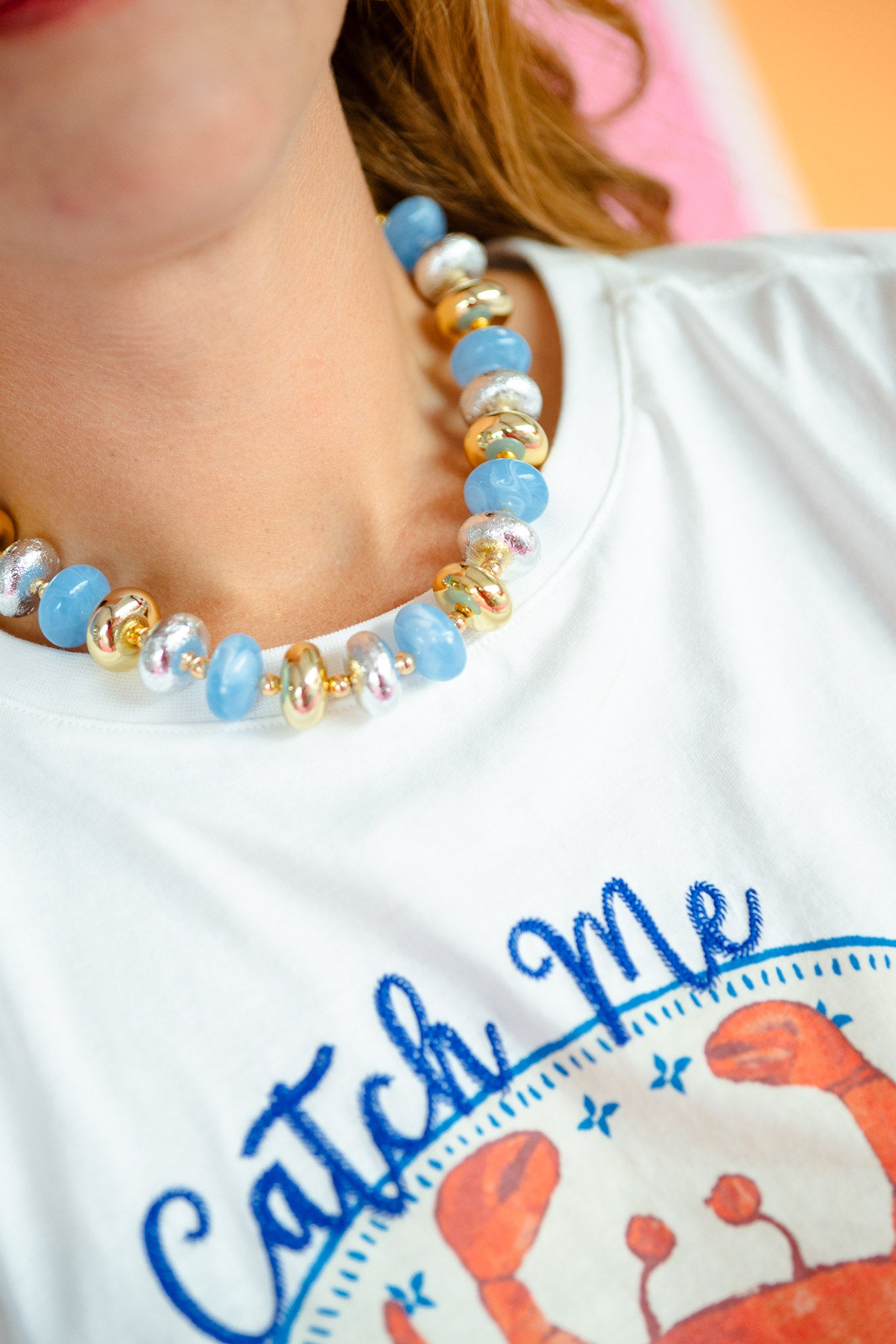 [Treasure Jewels] Frosted Sky Beaded Necklace - Gold + Silver + Sky Blue