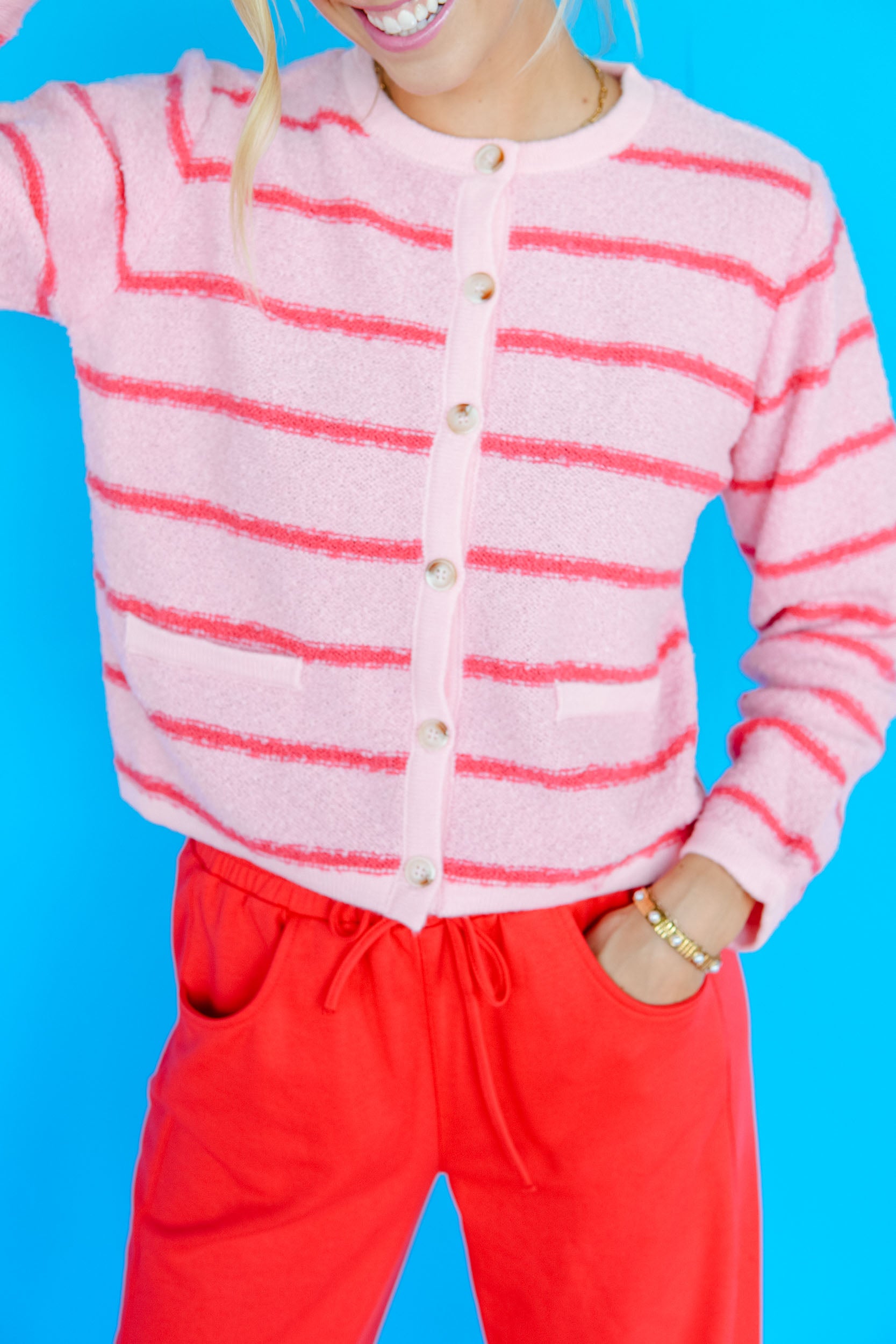 Comfort Zone Striped Cardigan - Geranium Pink + Flamingo