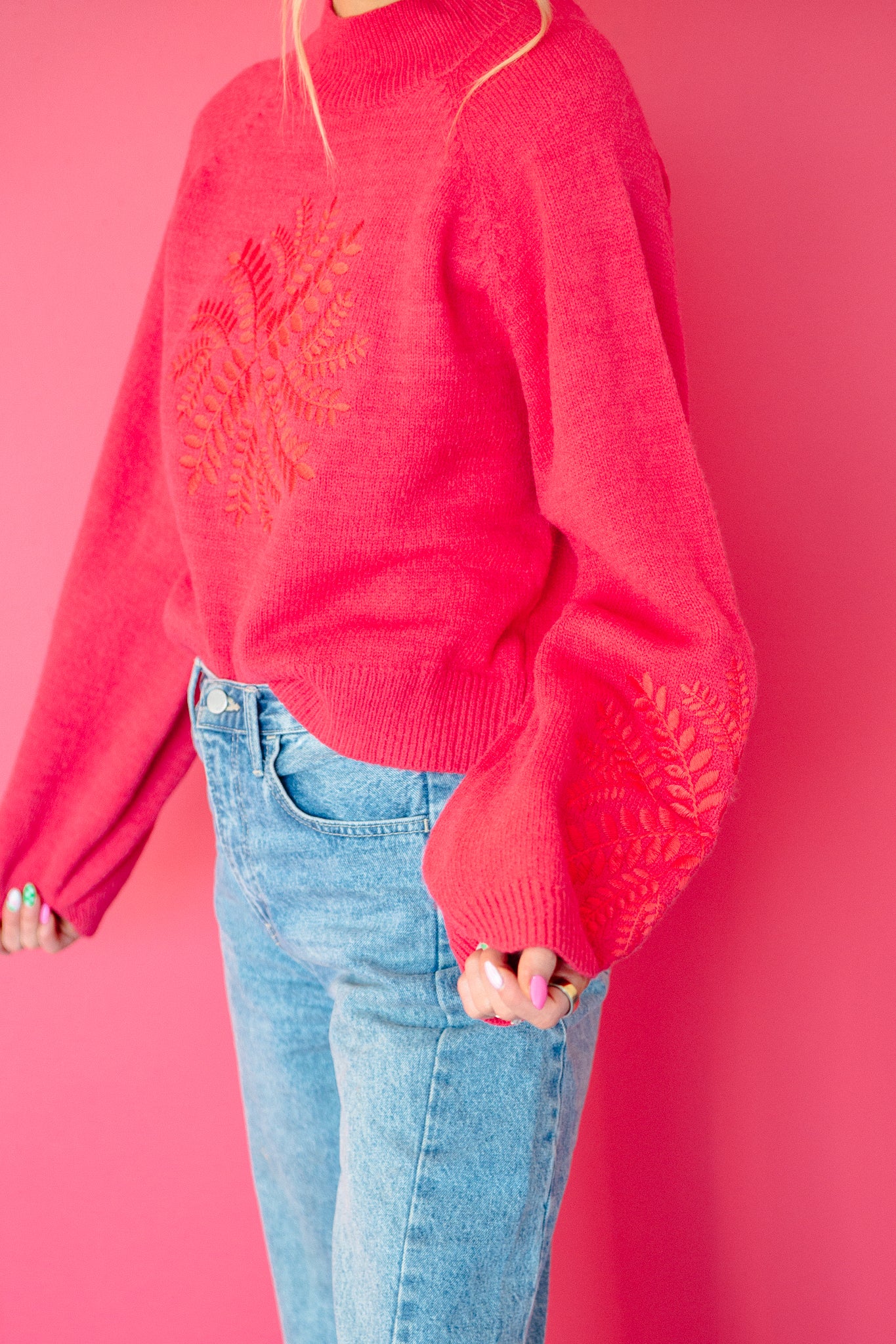 Chelsea Embroidered Sweater - Deep Warm Pink